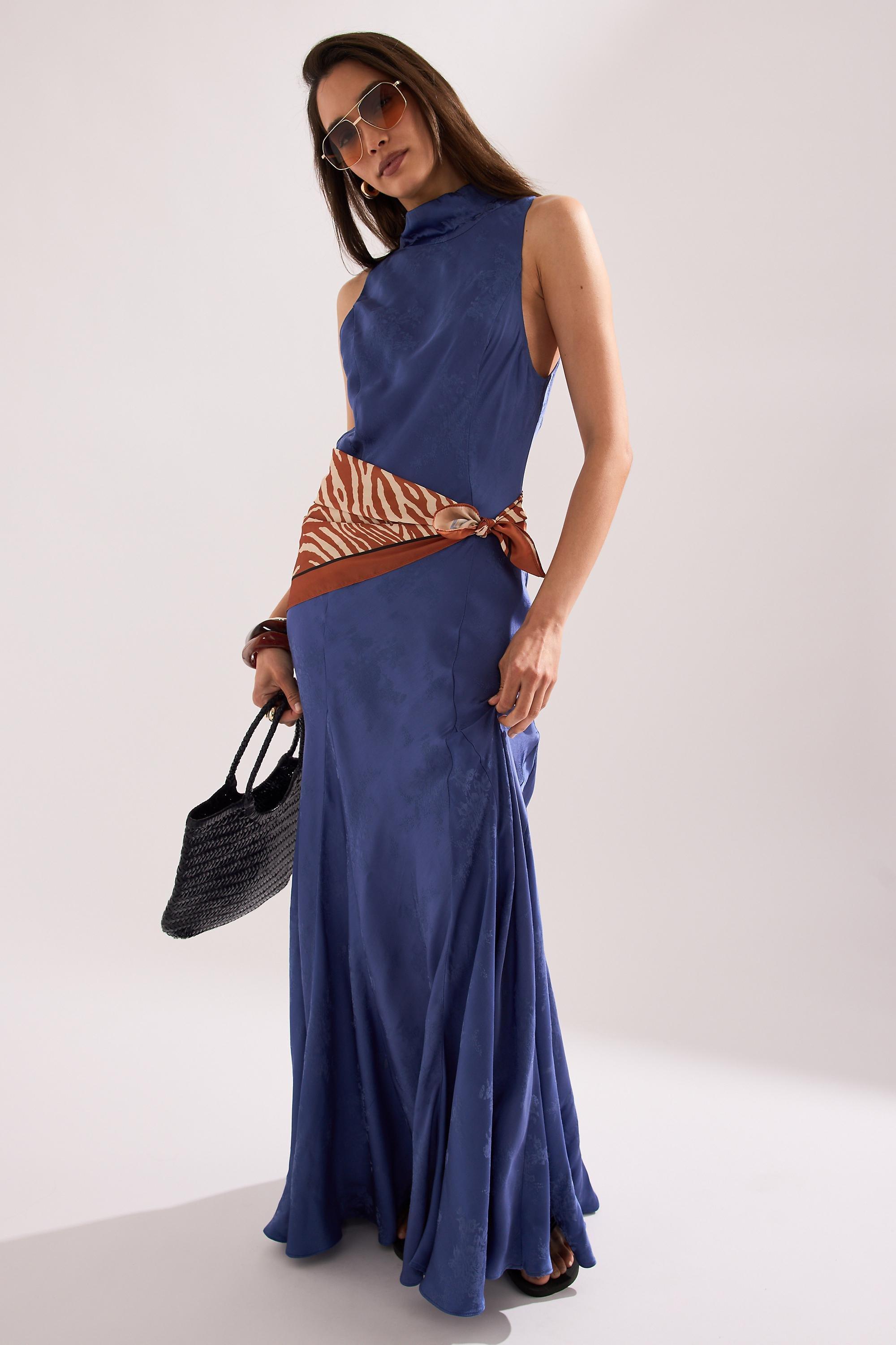 By Anthropologie Joni Jacquard High-Neck Maxi Dress, Women, Blue, medium