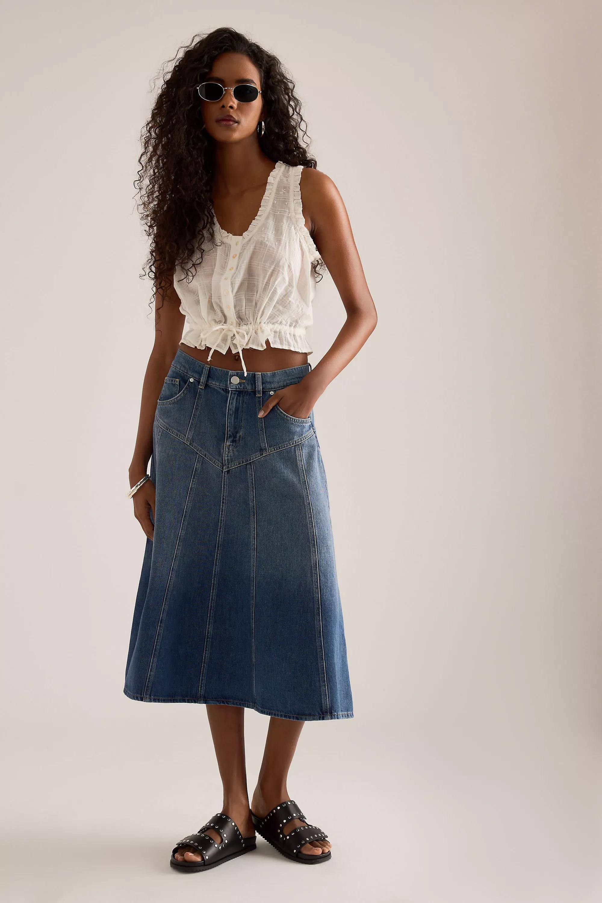 By Anthropologie Seamed Denim Midi Skirt, Blue, Blue, large image number 0