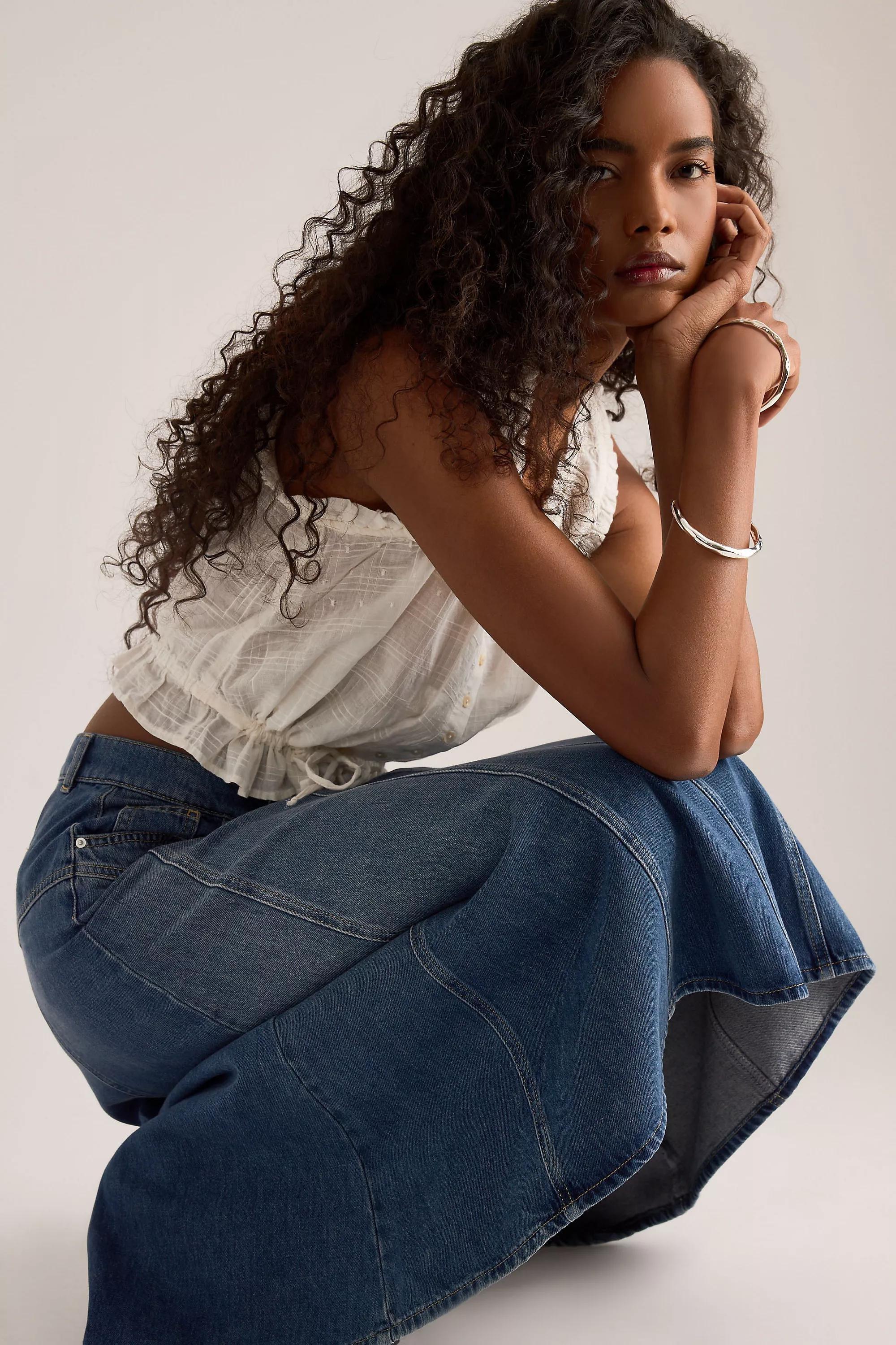 By Anthropologie Seamed Denim Midi Skirt, Blue, Blue, large image number 1