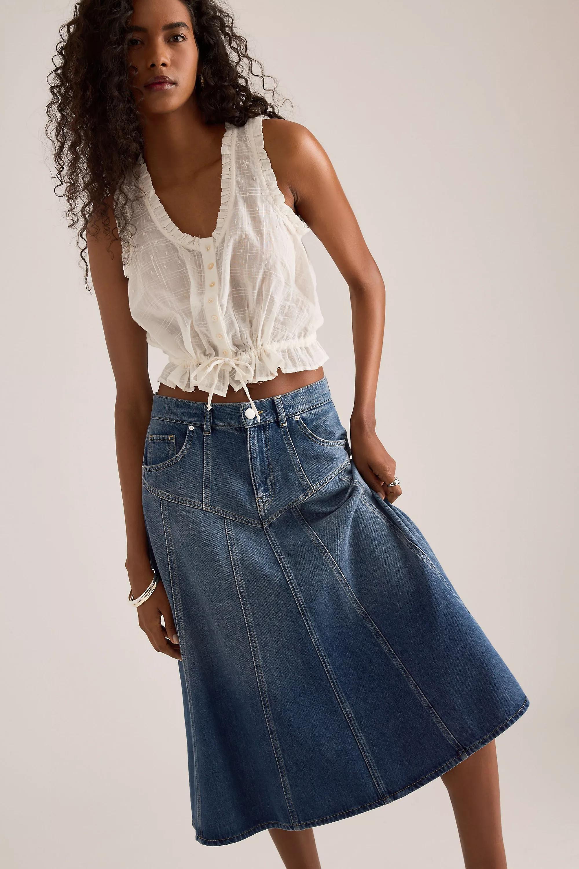 By Anthropologie Seamed Denim Midi Skirt, Blue, Blue, large image number 3