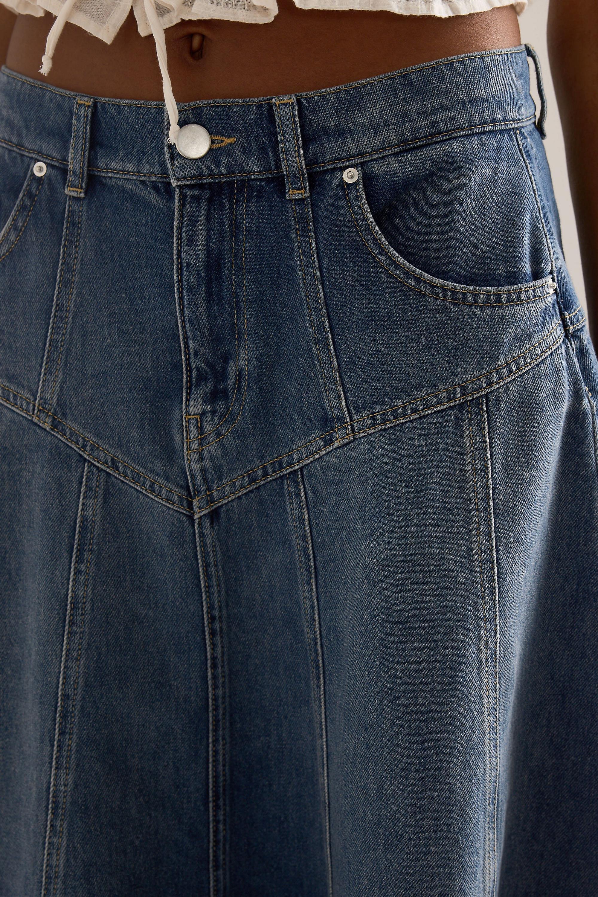 By Anthropologie Seamed Denim Midi Skirt, Blue, Blue, large image number 4