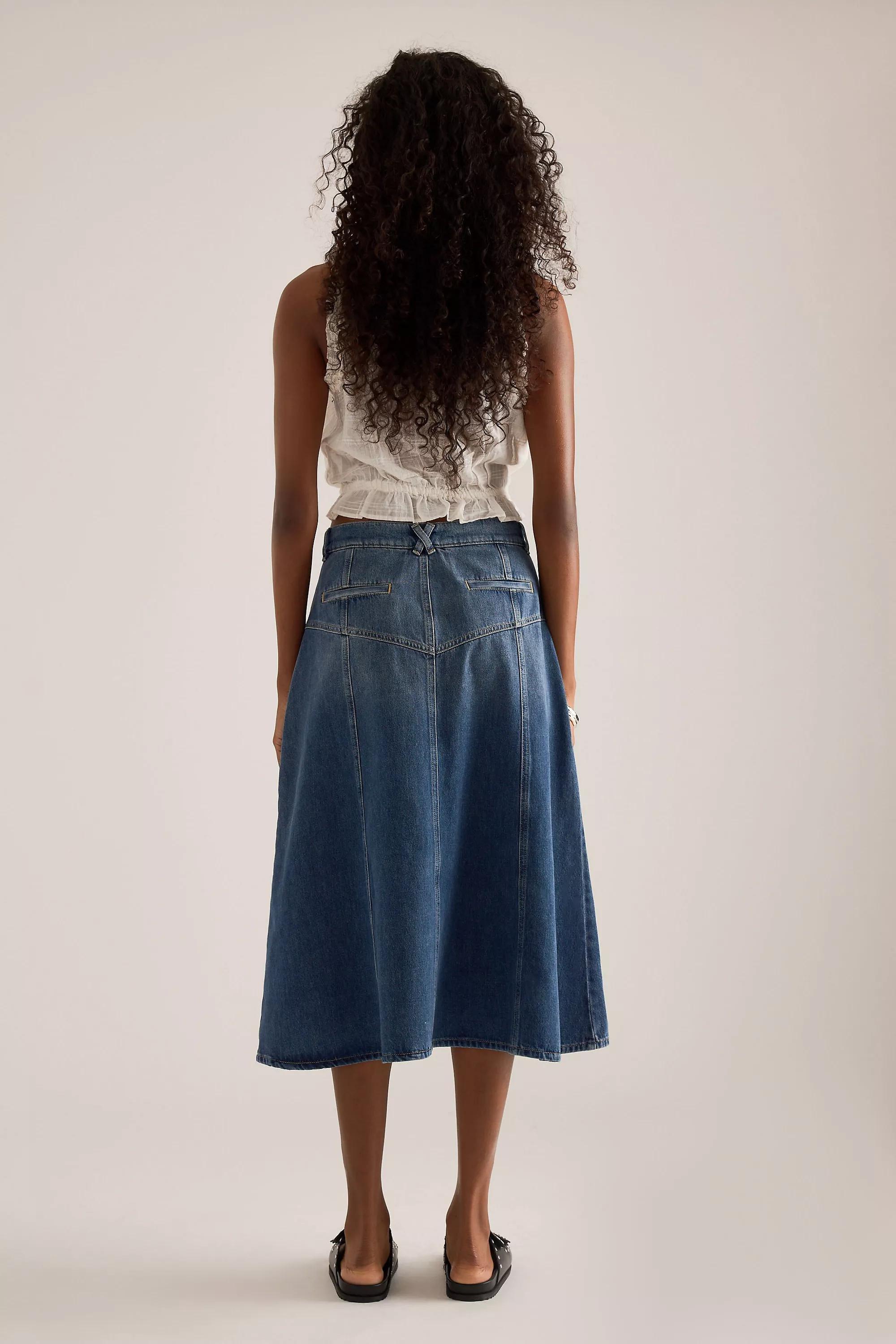 By Anthropologie Seamed Denim Midi Skirt, Blue, Blue, large image number 5