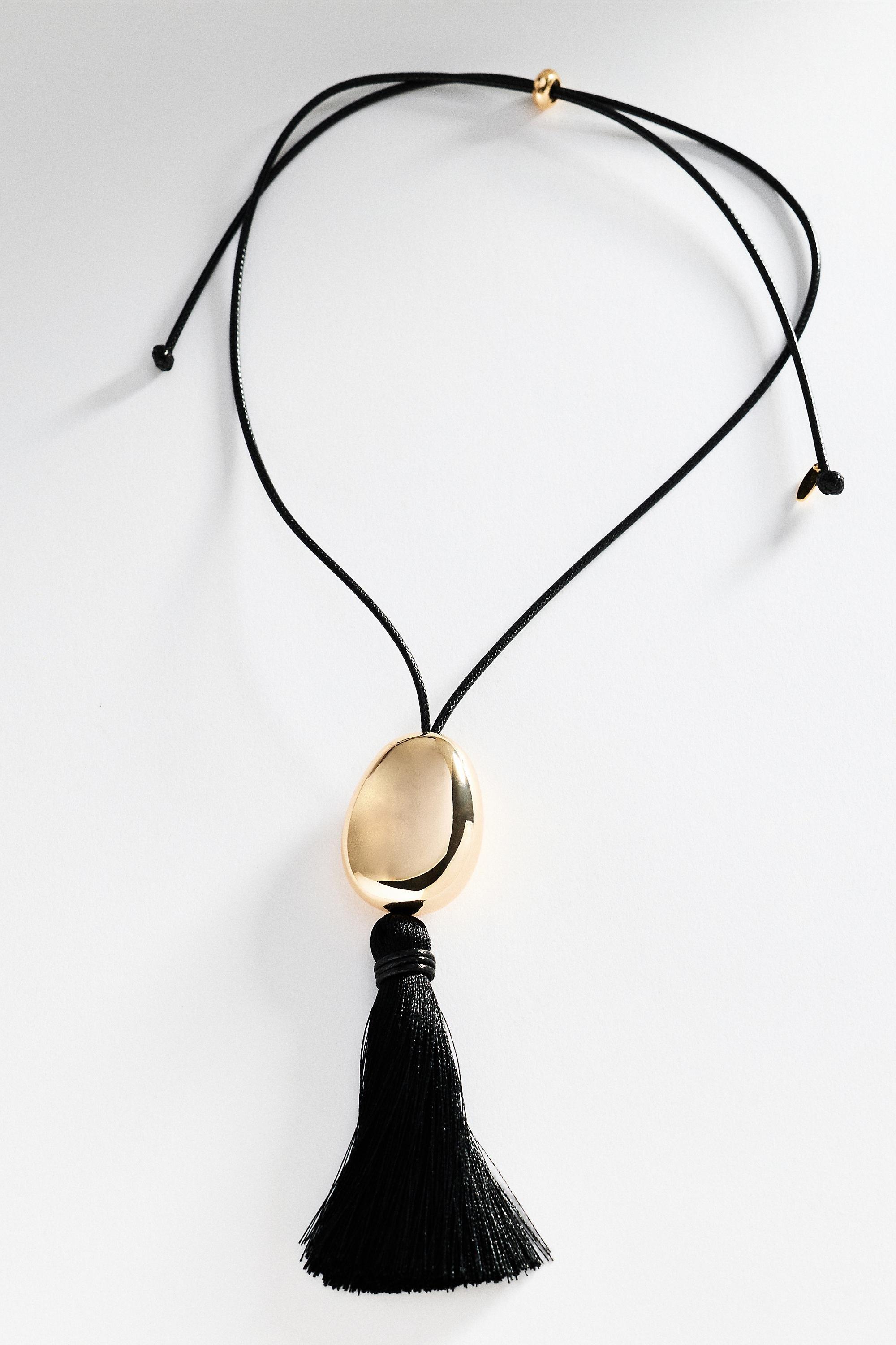 Tassel Pendant Necklace, Black, Black, medium