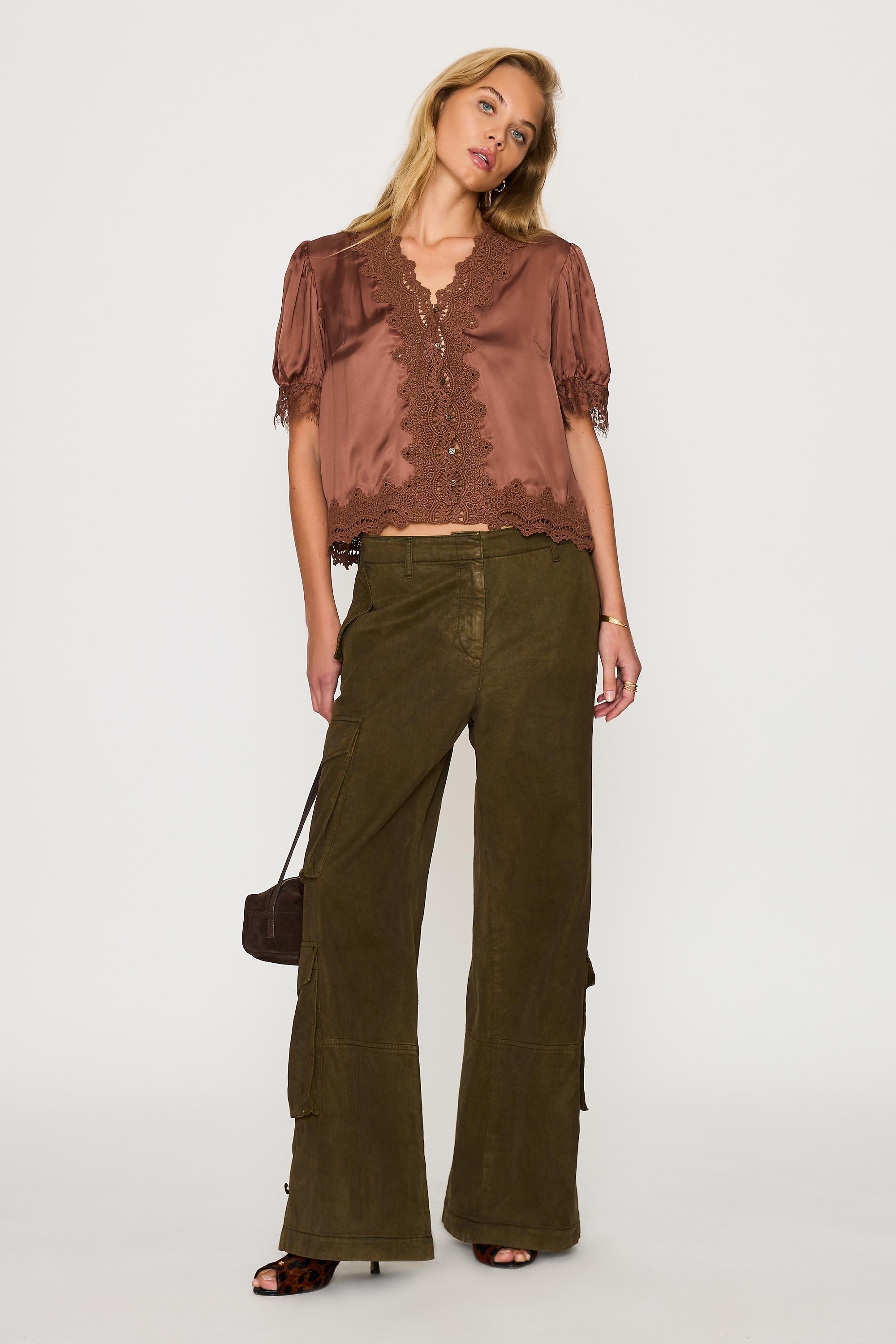 By Anthropologie Stella Satin Lace-Trim Blouse, Brown, Brown, large image number 0