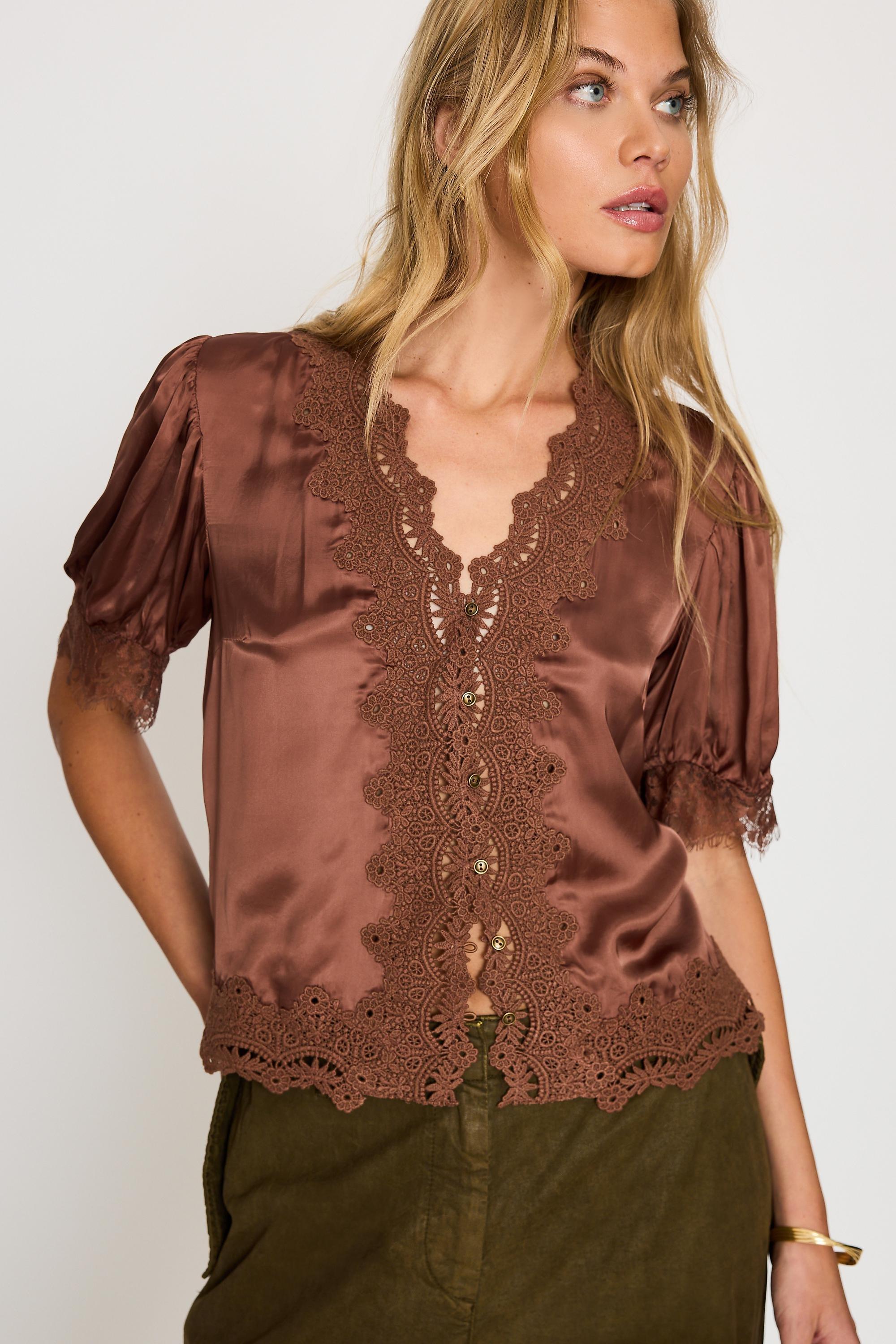 By Anthropologie Stella Satin Lace-Trim Blouse, Brown, Brown, large image number 3