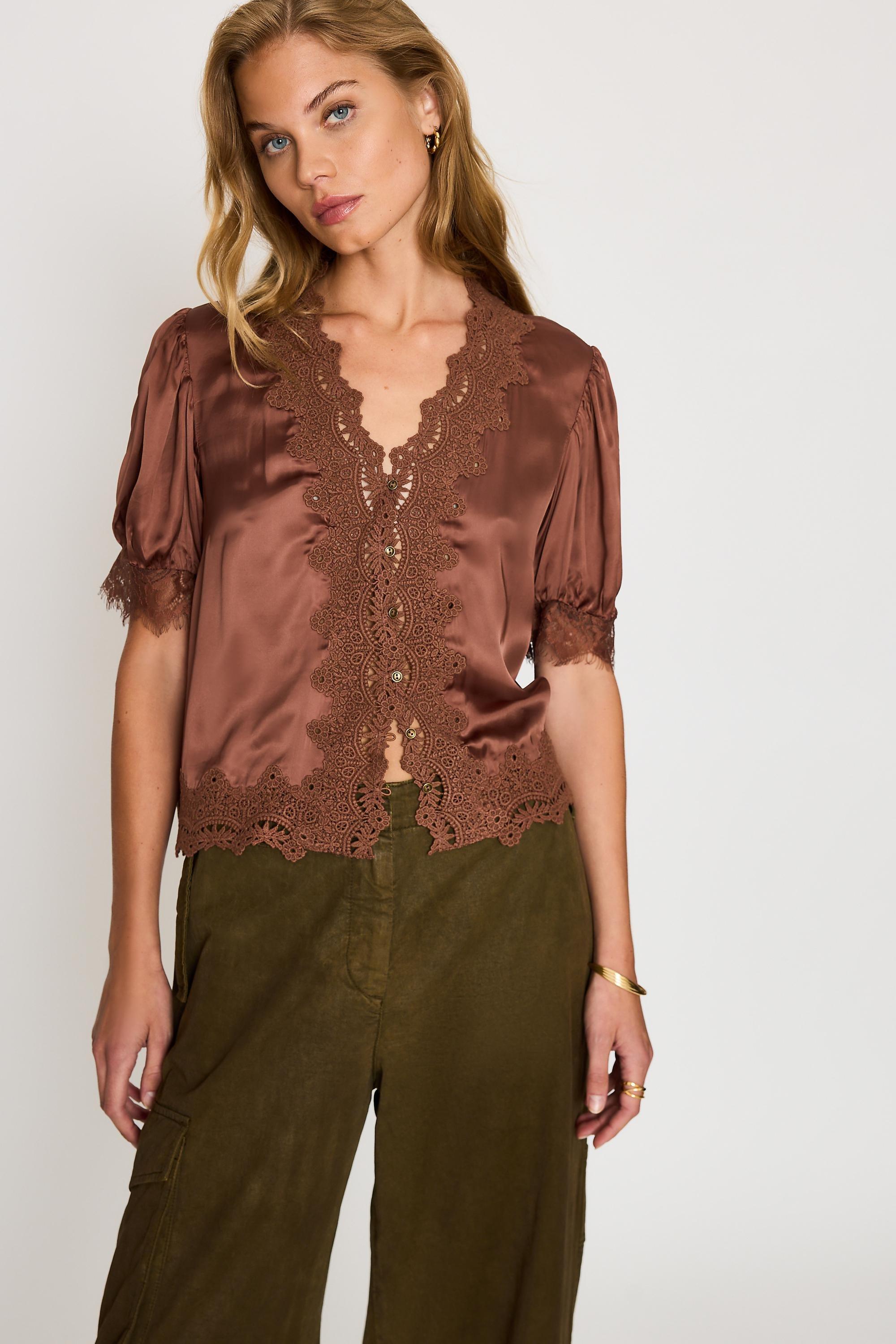 By Anthropologie Stella Satin Lace-Trim Blouse, Brown, Brown, large image number 4