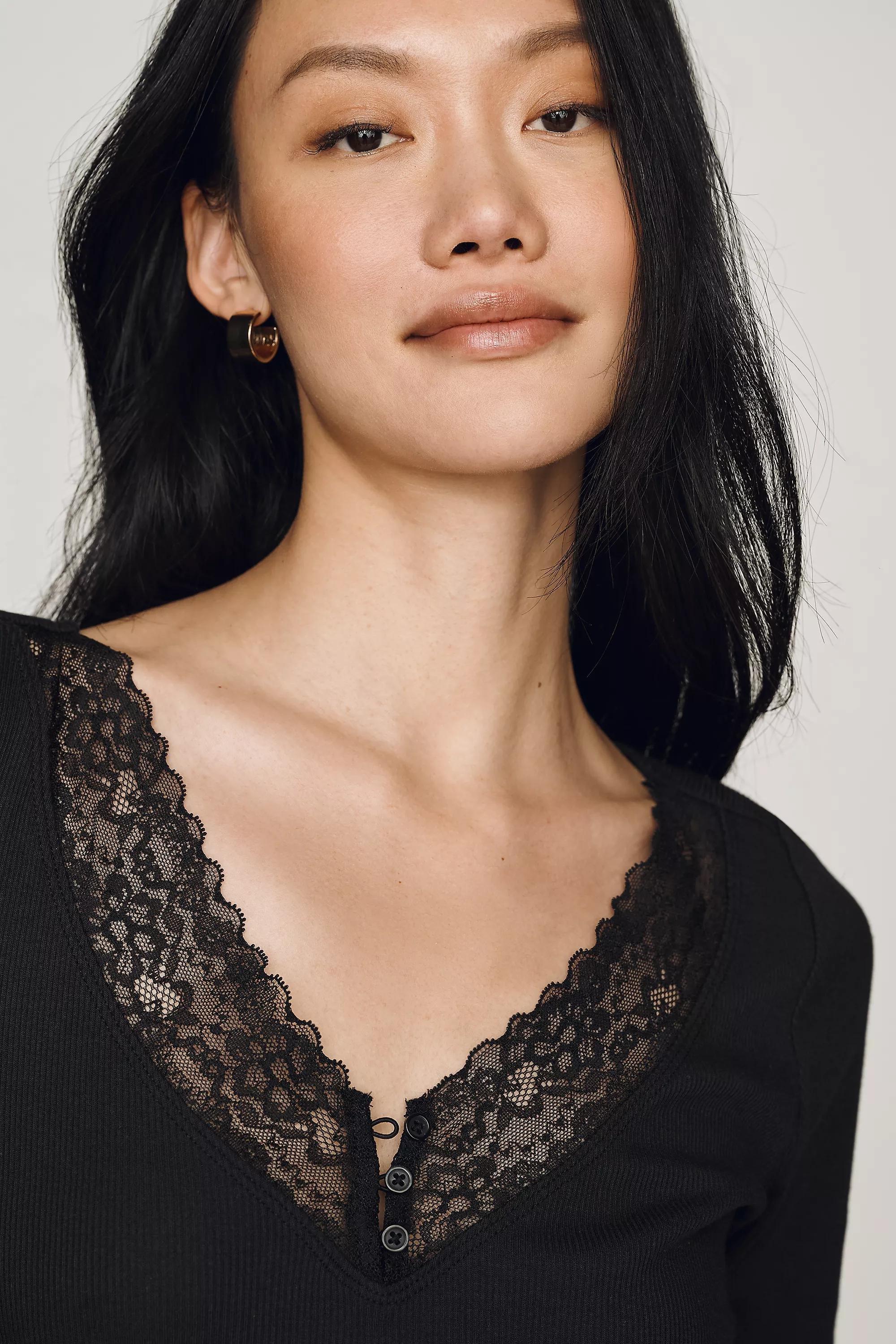 Maeve V-Neck Henley T-Shirt, Black, Black, large image number 1