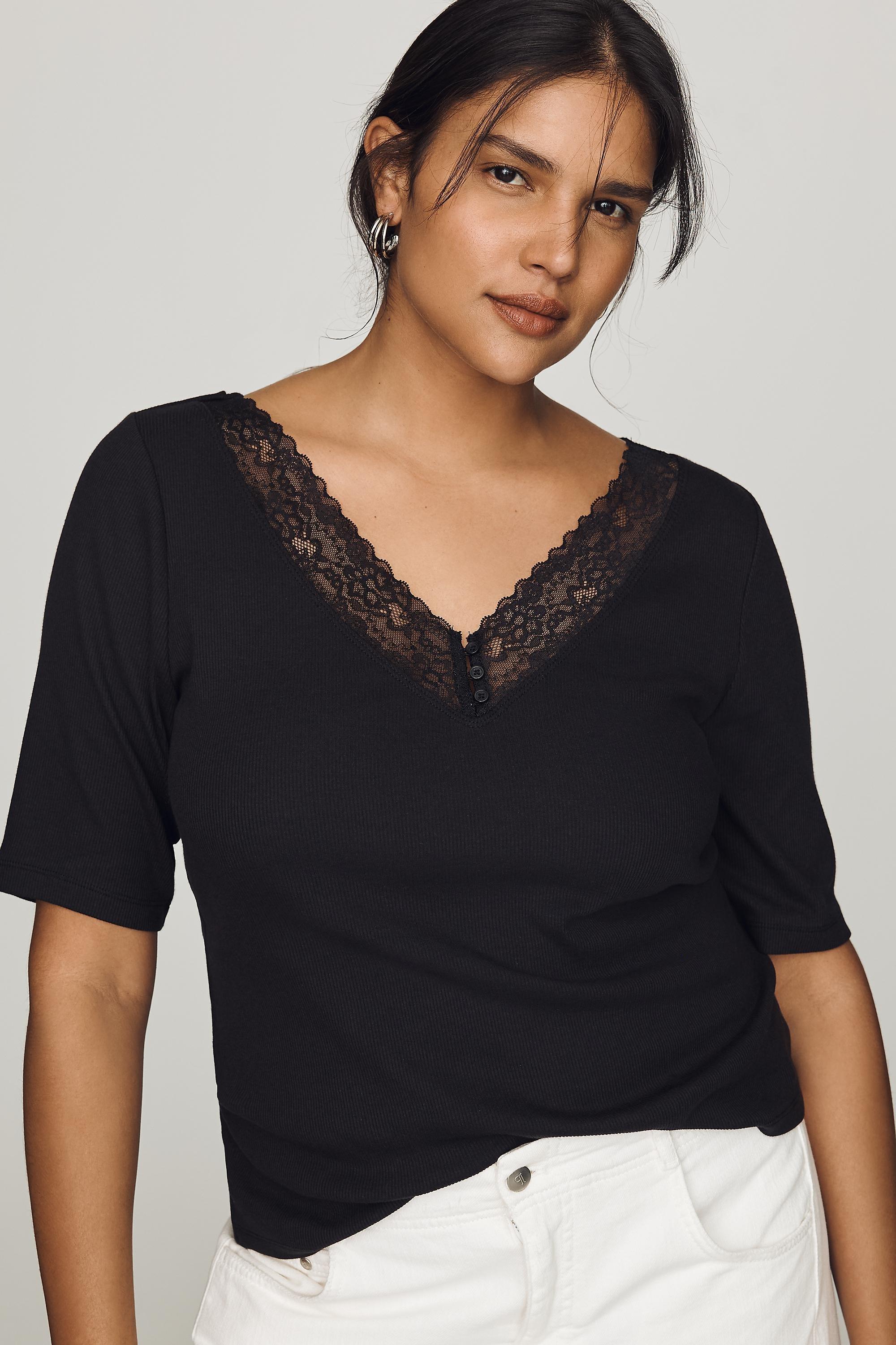 Maeve V-Neck Henley T-Shirt, Black, Black, large image number 4