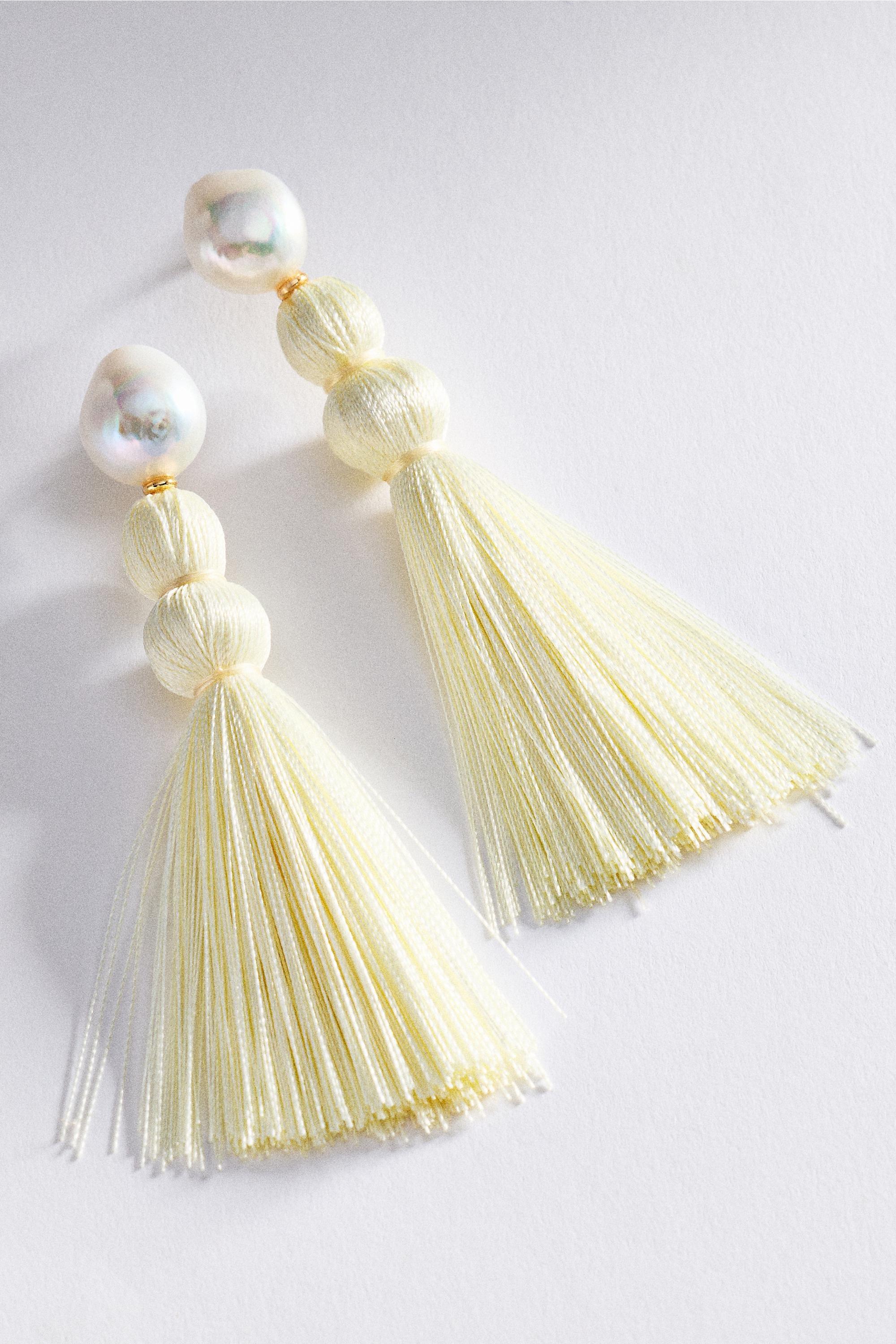 Tassel Drop Earrings, Cream, Cream, large image number 1