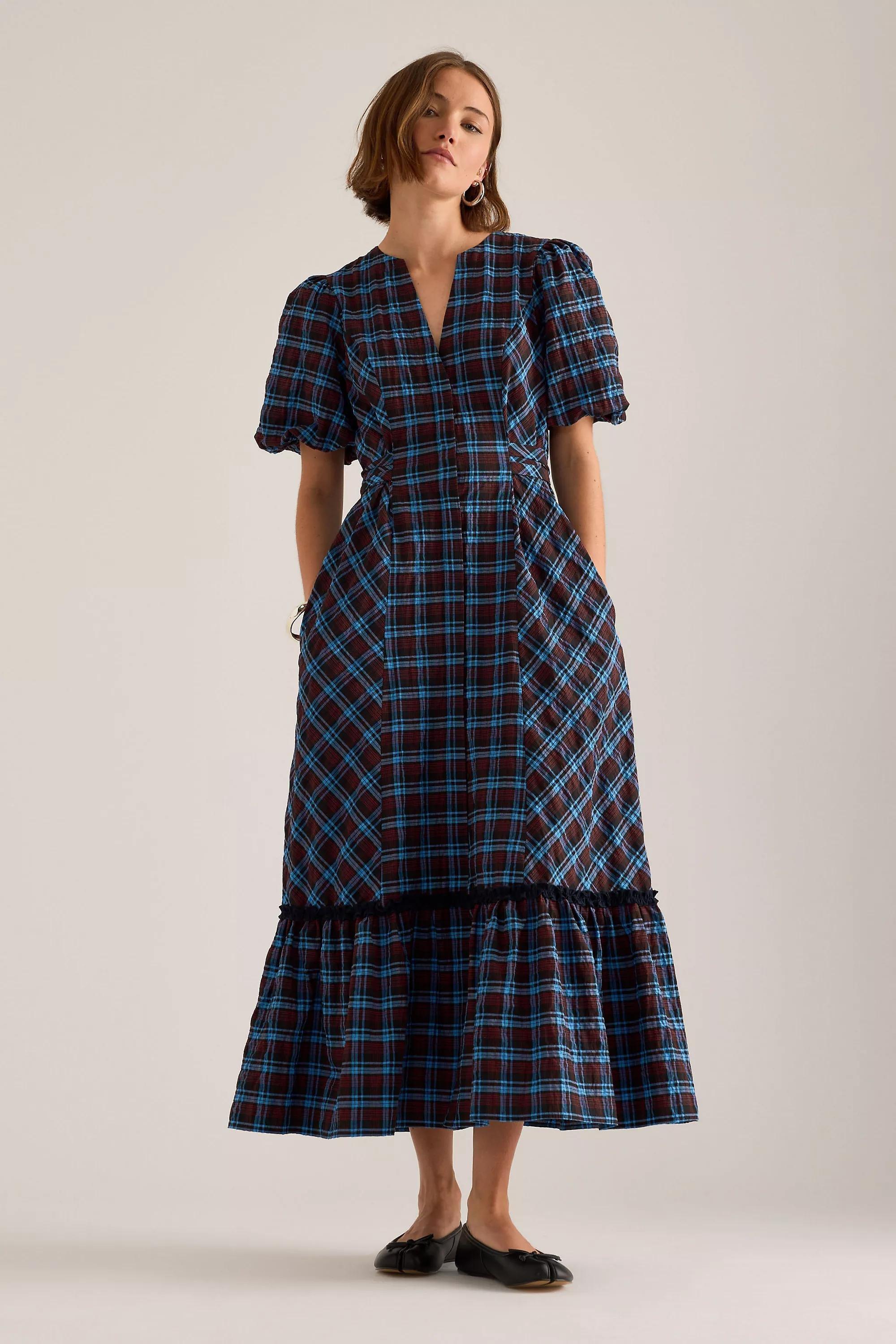 By Anthropologie Puff-Sleeve Check Midi Dress, Navy, medium