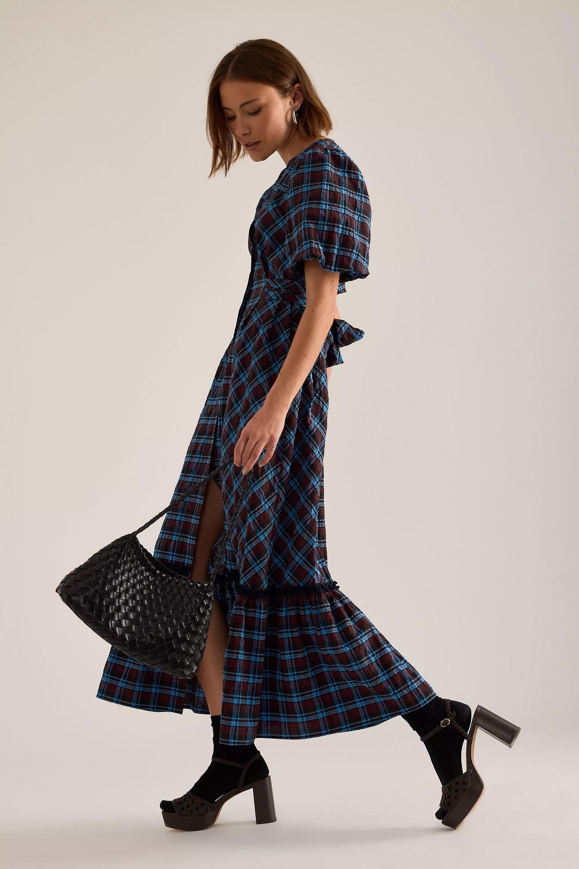 By Anthropologie Puff-Sleeve Check Midi Dress, Navy, medium