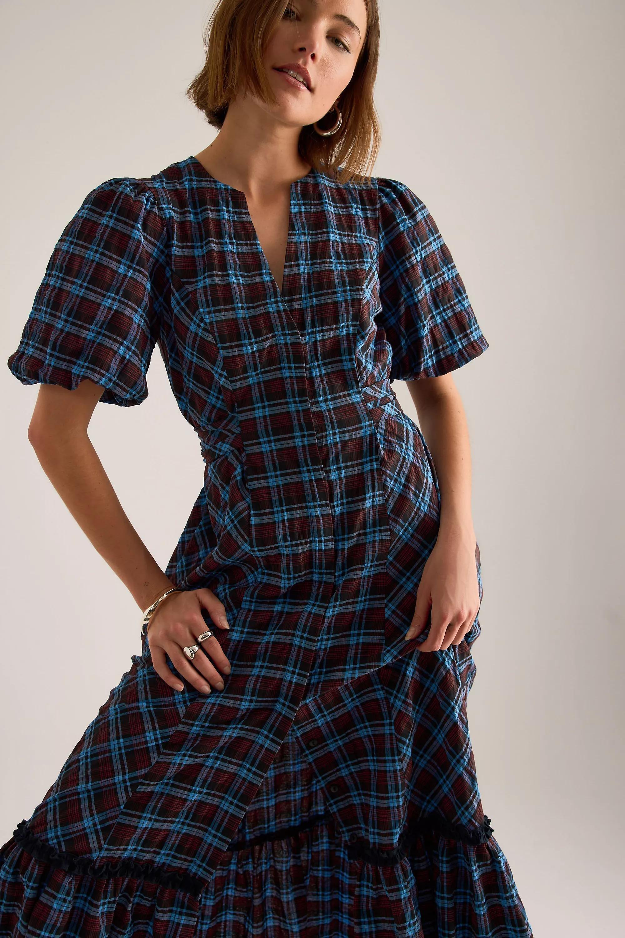 By Anthropologie Puff-Sleeve Check Midi Dress, Navy, medium