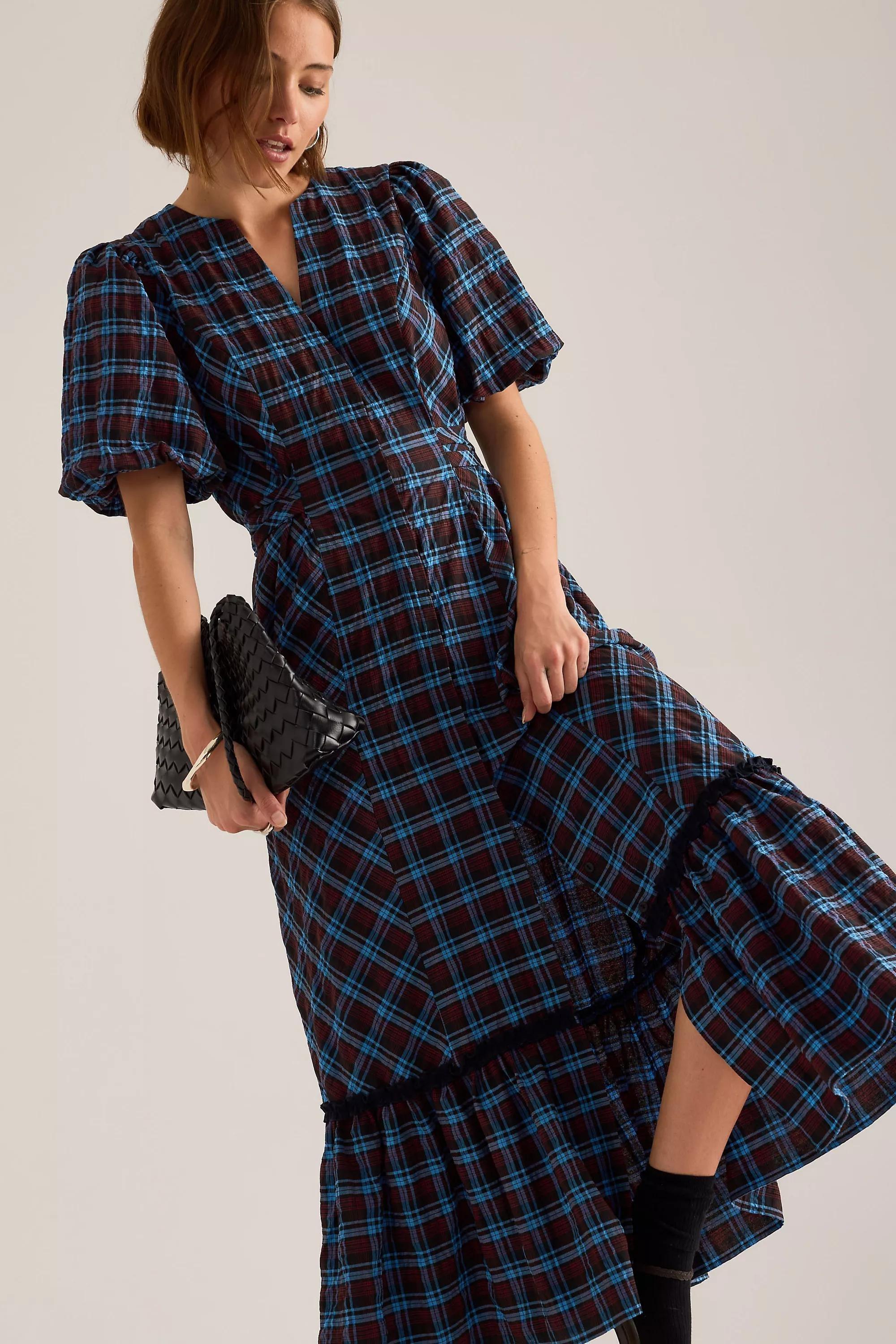 By Anthropologie Puff-Sleeve Check Midi Dress, Navy, large image number 3