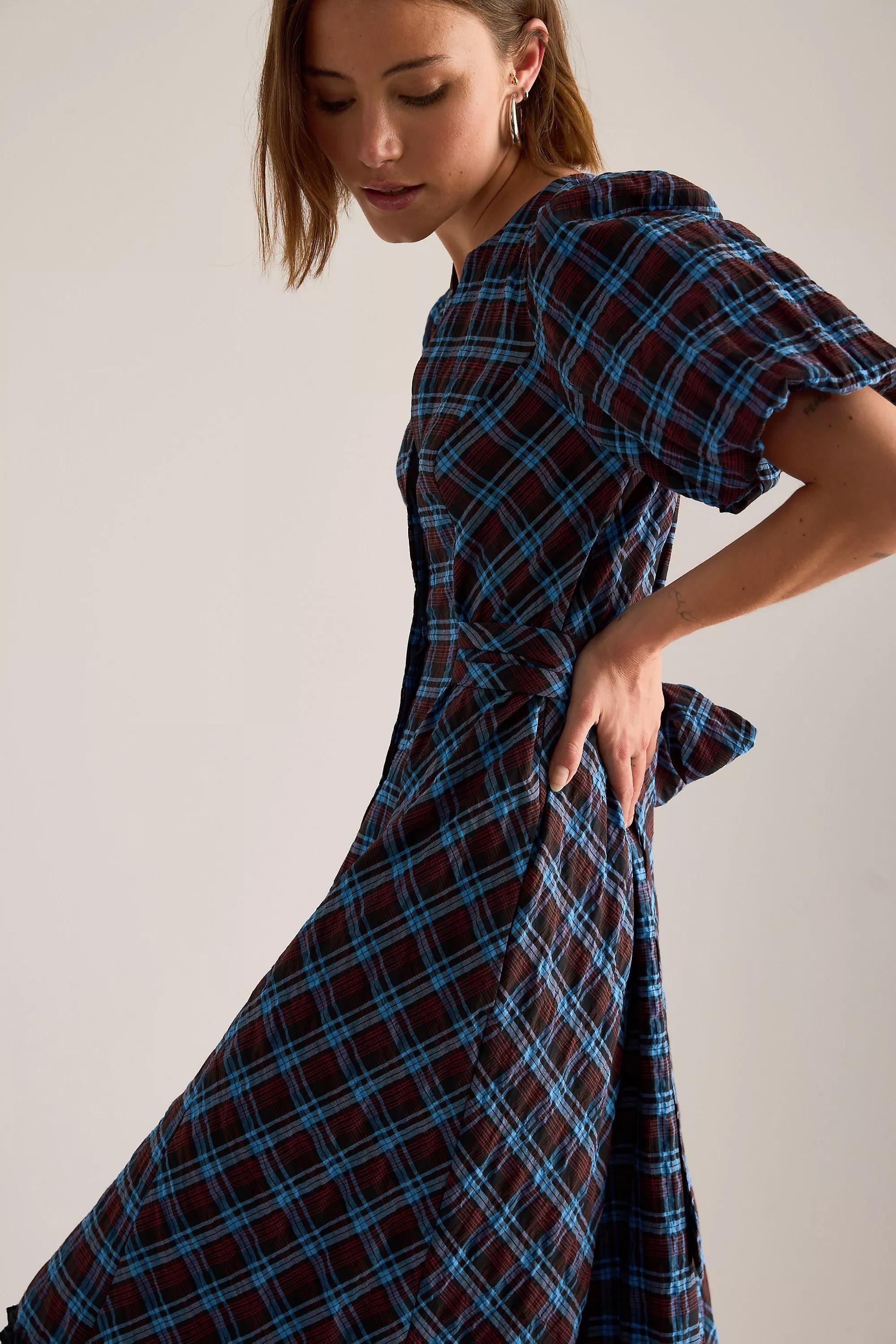 By Anthropologie Puff-Sleeve Check Midi Dress, Navy, large image number 4