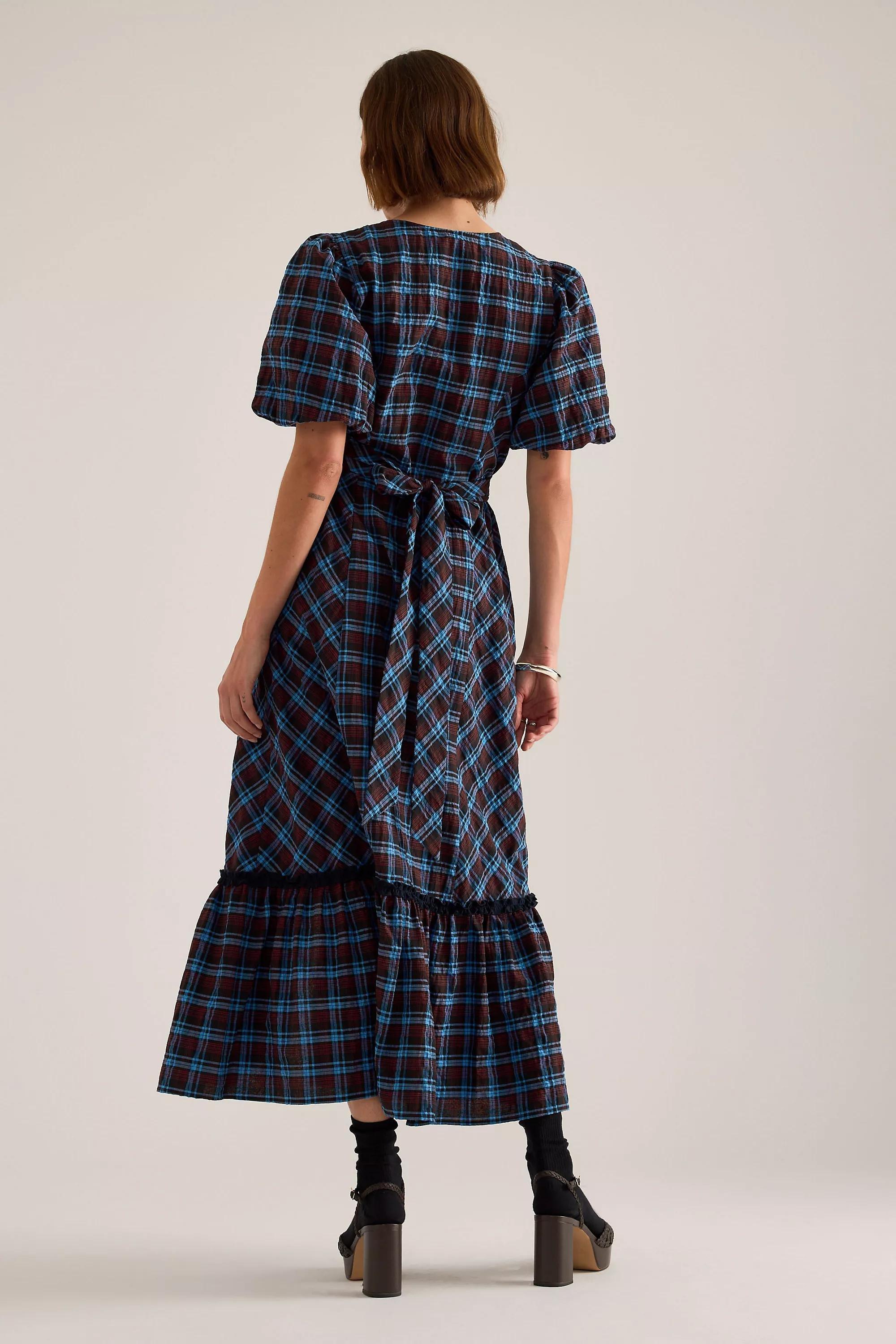 By Anthropologie Puff-Sleeve Check Midi Dress, Navy, large image number 5