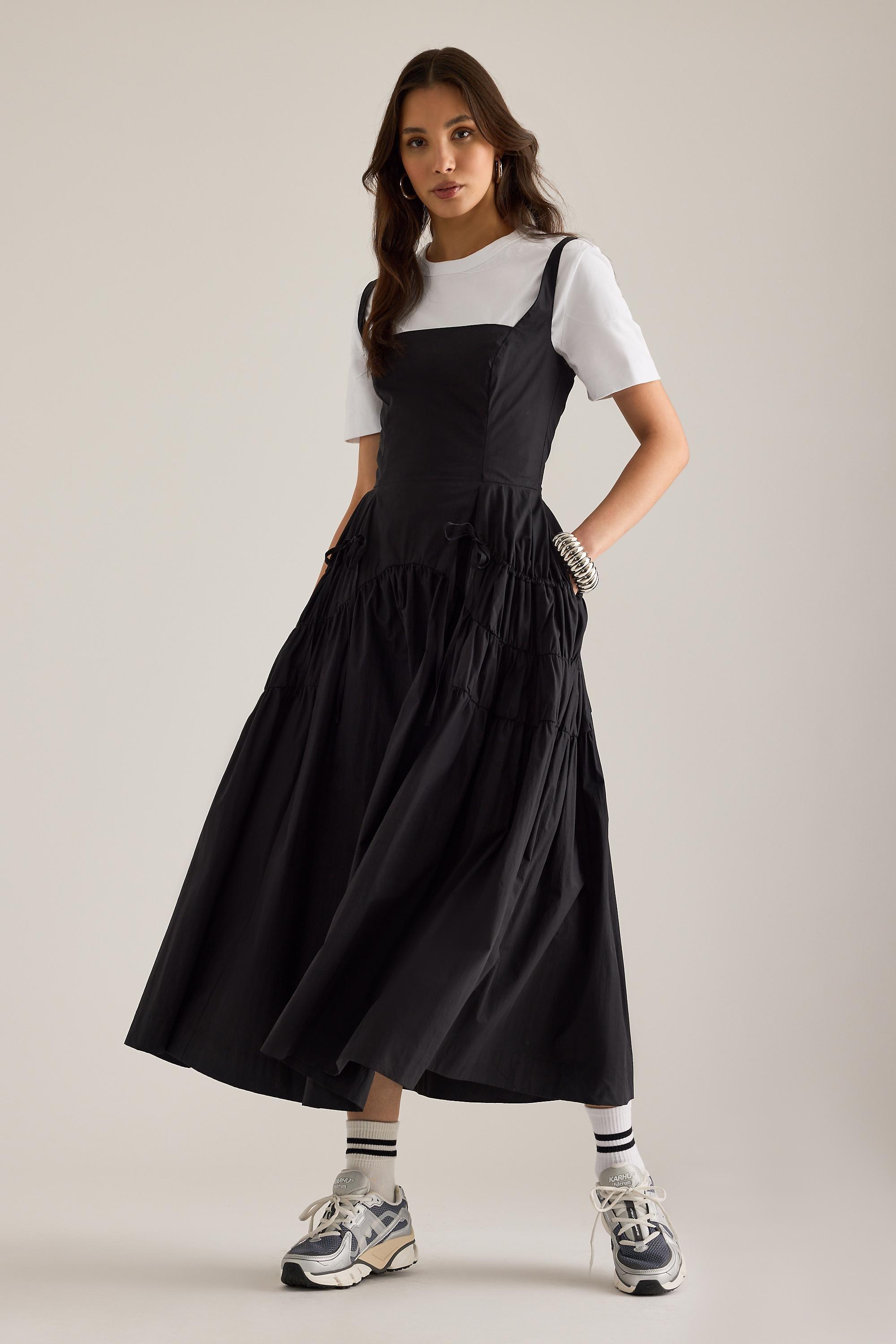 By Anthropologie Ruched Bow Midi Pinafore Dress, Black, large image number 0