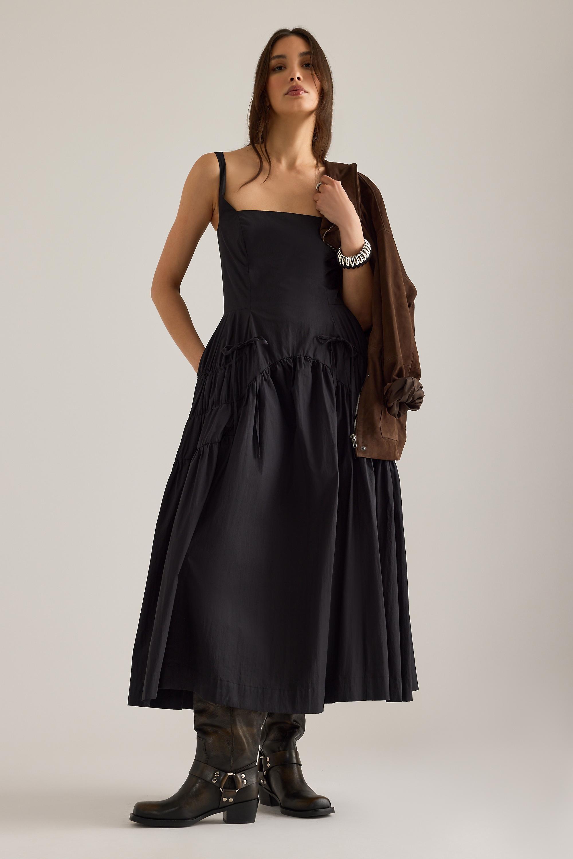By Anthropologie Ruched Bow Midi Pinafore Dress, Black, large image number 1