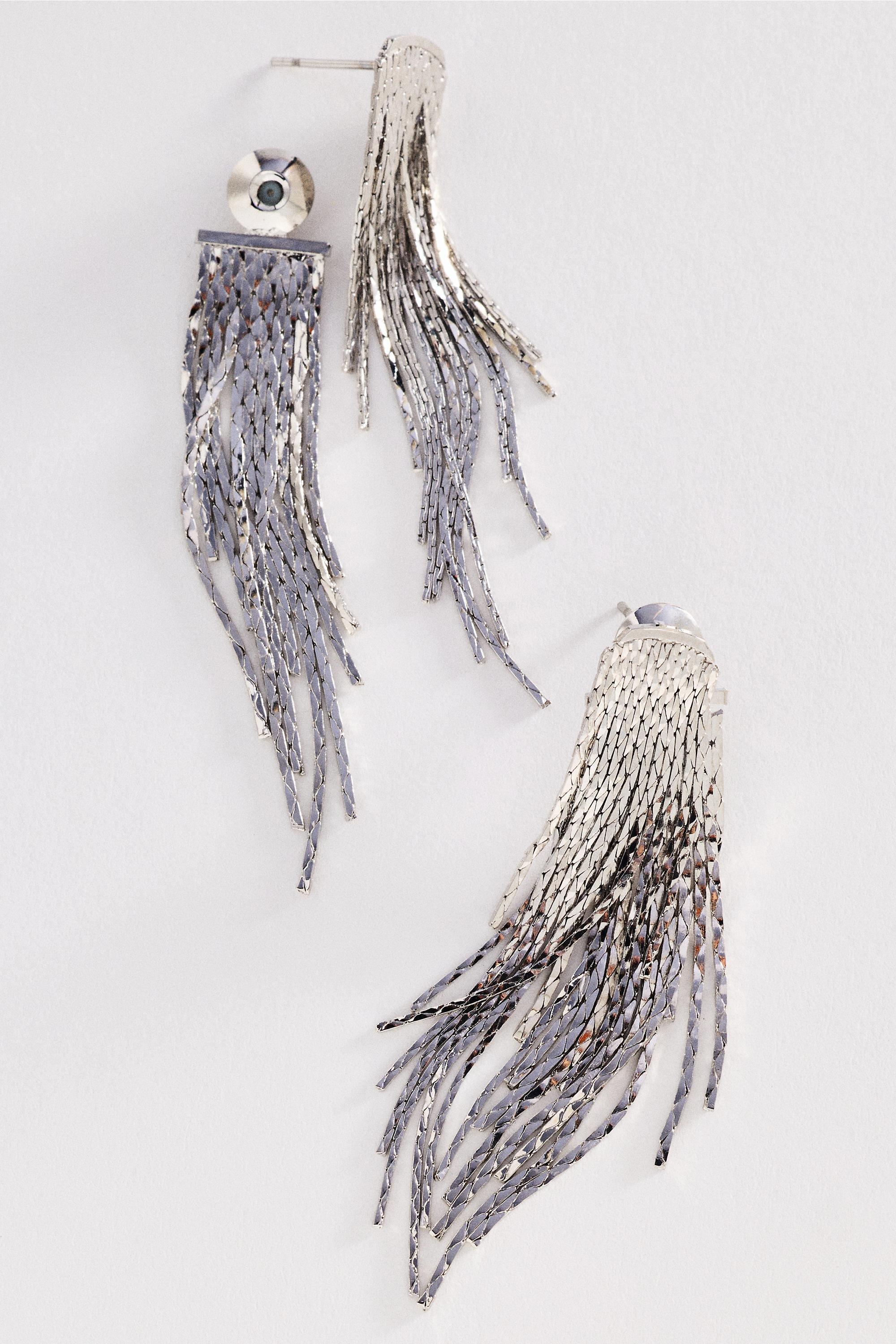 SILVER Metal Fringe Drop Earrings, Silver, large image number 0