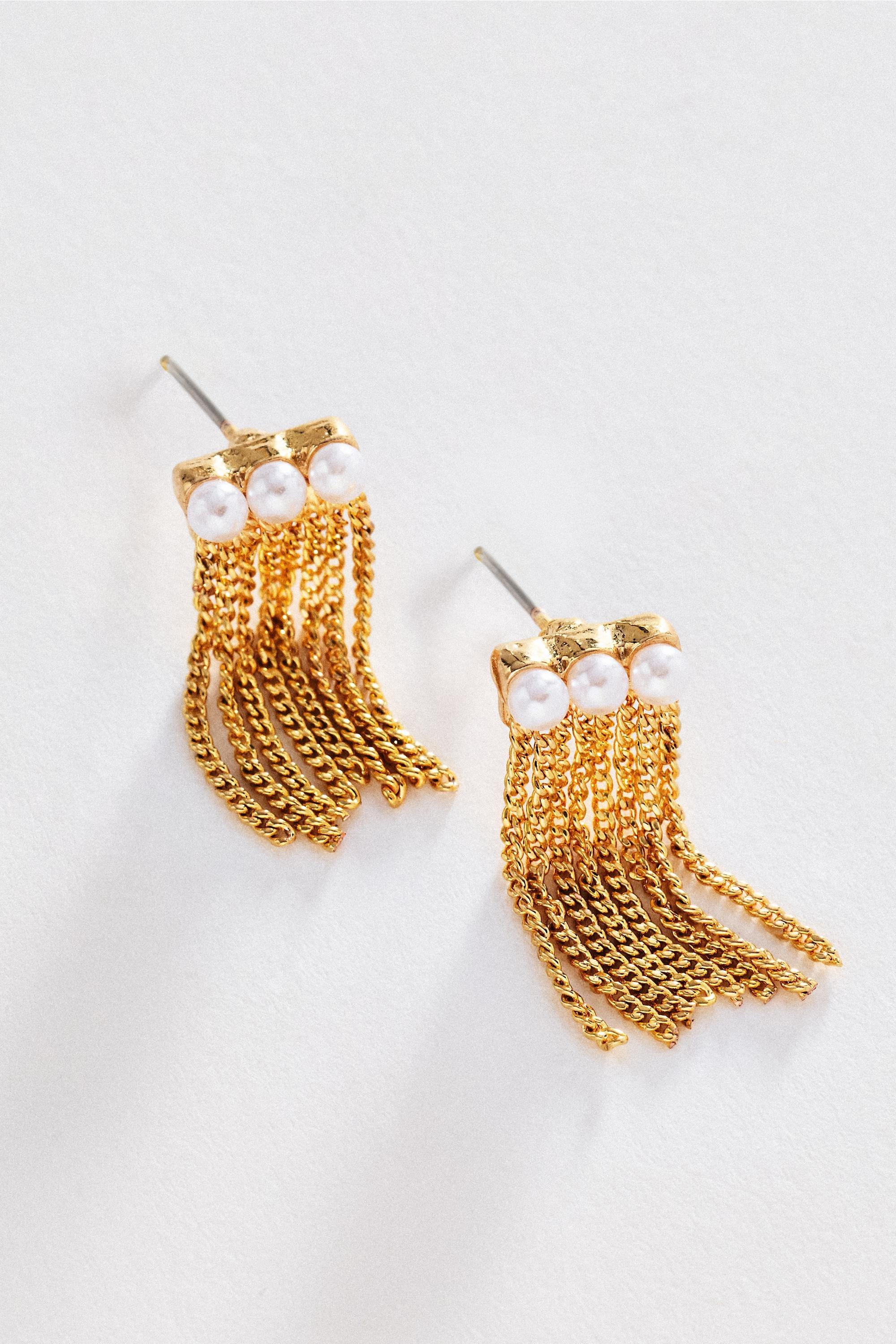 Pearl Bar Fringe Drop Earrings, Gold, Gold, large image number 0