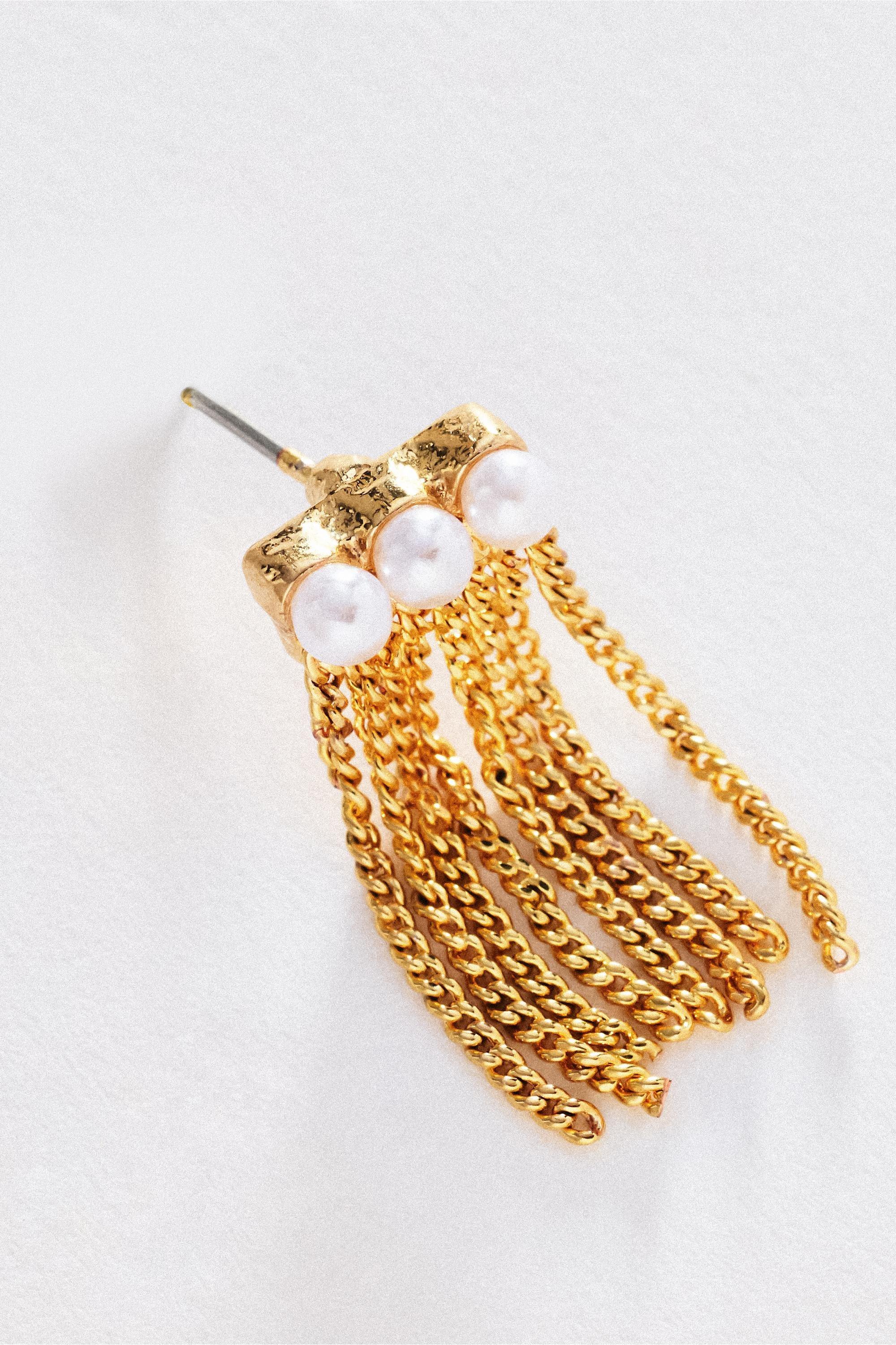 Pearl Bar Fringe Drop Earrings, Gold, Gold, large image number 1