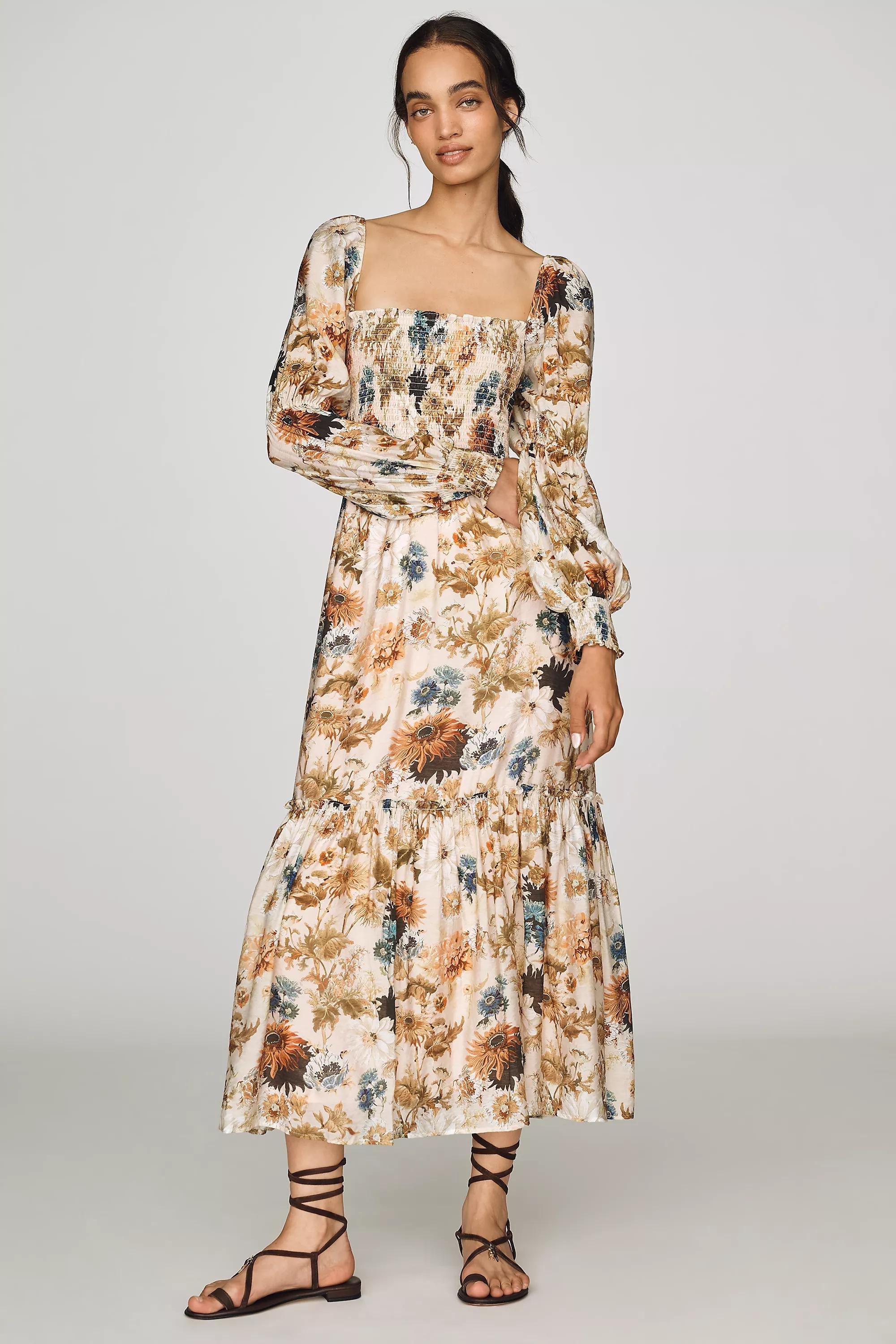 By Anthropologie Puff-Sleeve Midi Dress, Gold, Gold, medium