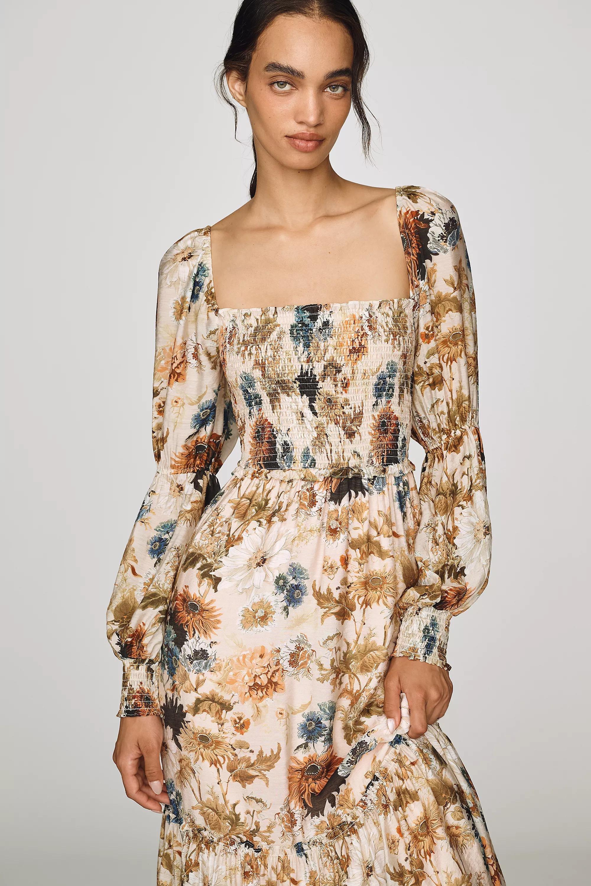 By Anthropologie Puff-Sleeve Midi Dress, Gold, Gold, medium