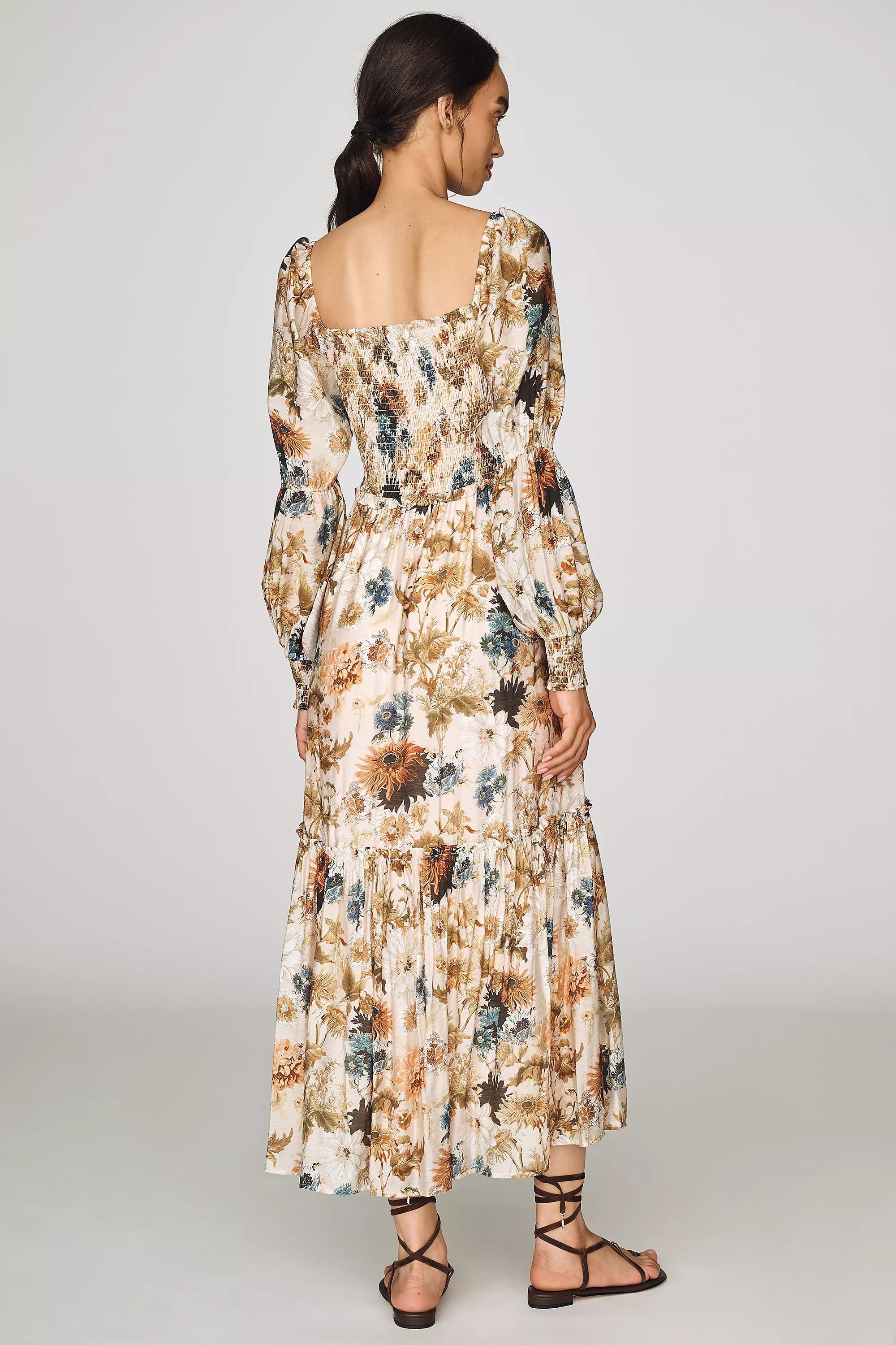 By Anthropologie Puff-Sleeve Midi Dress, Gold, Gold, medium