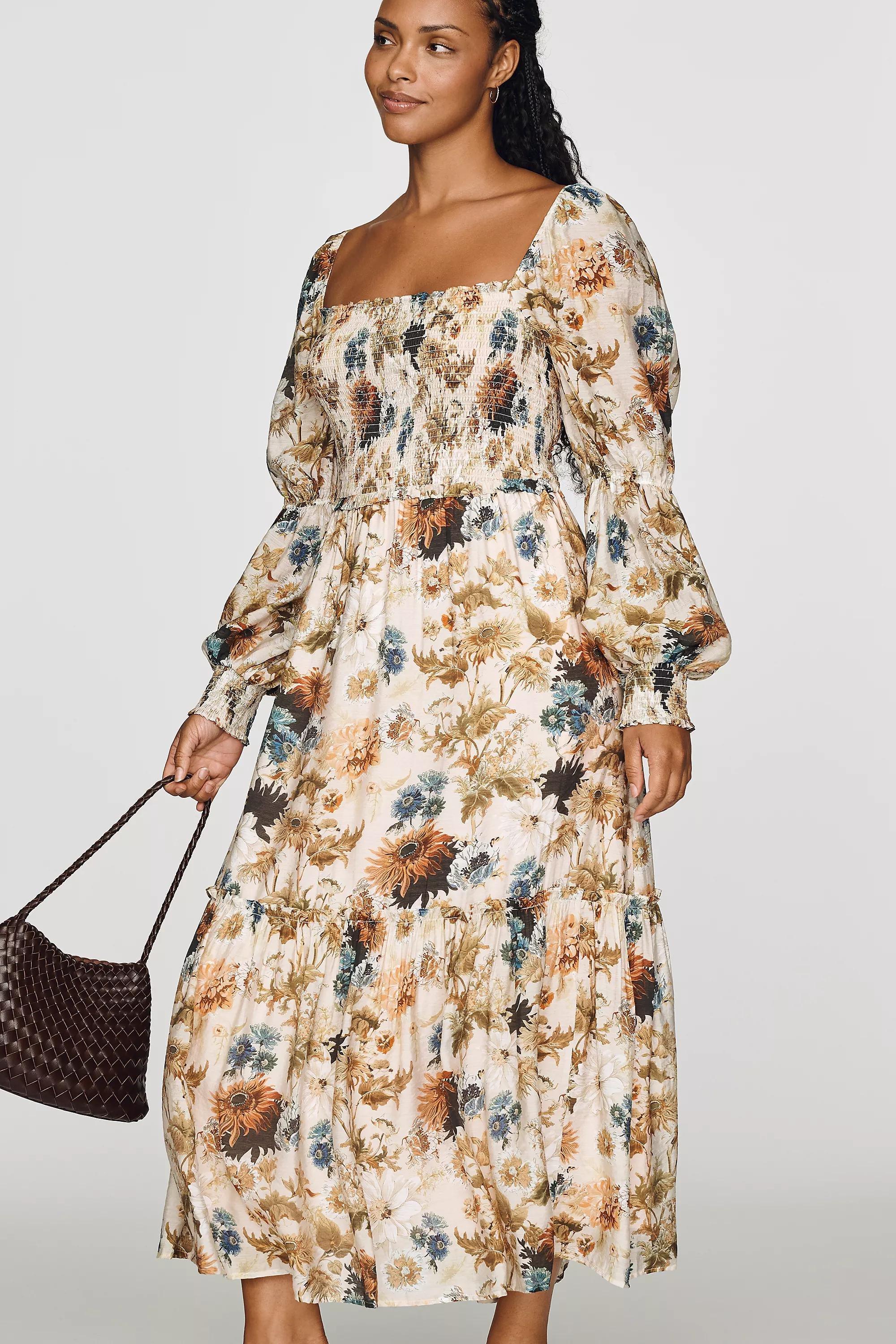 By Anthropologie Puff-Sleeve Midi Dress, Gold, Gold, large image number 4
