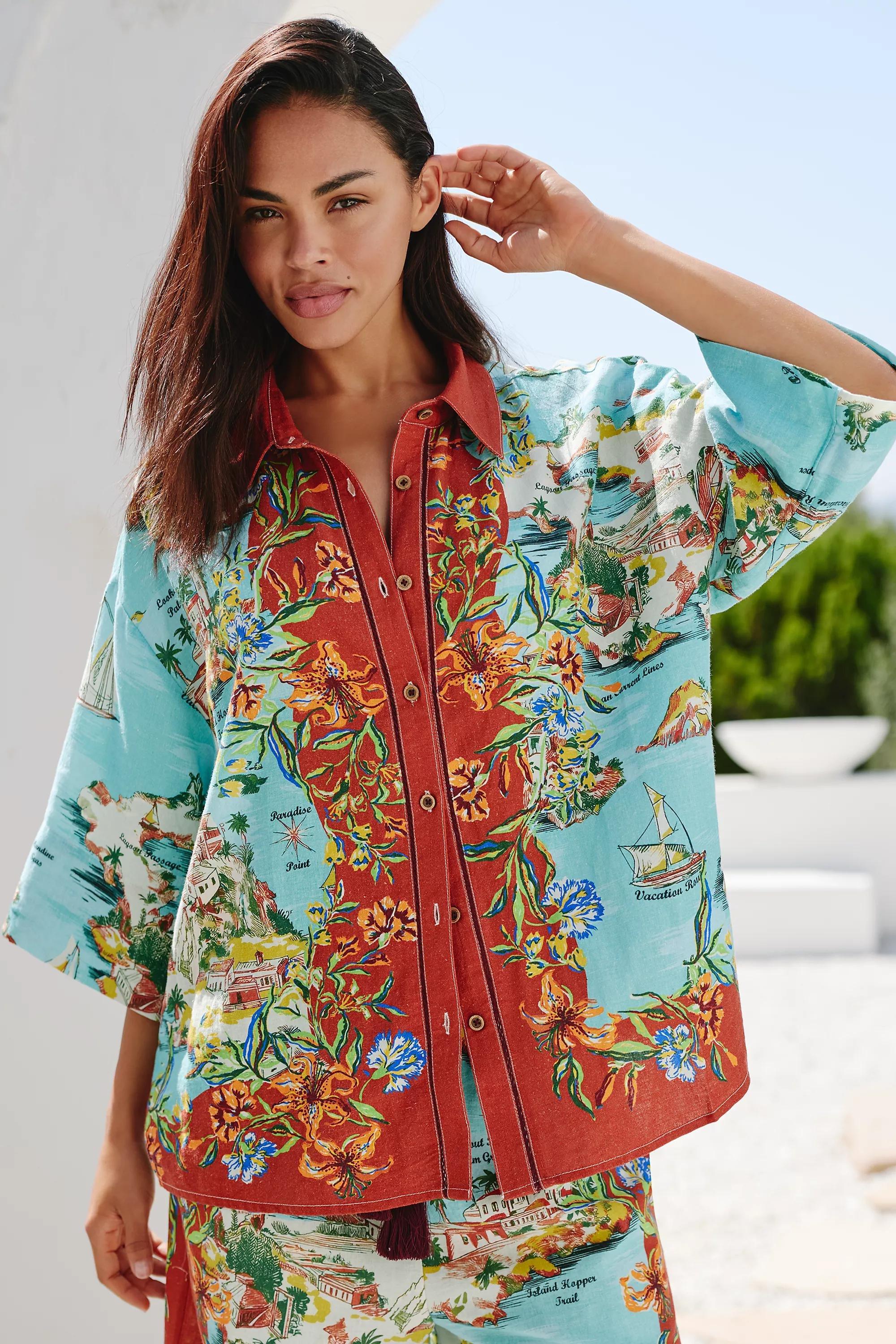 Celandine Short-Sleeve Buttondown Shirt, Multicolour, Blue, large image number 3
