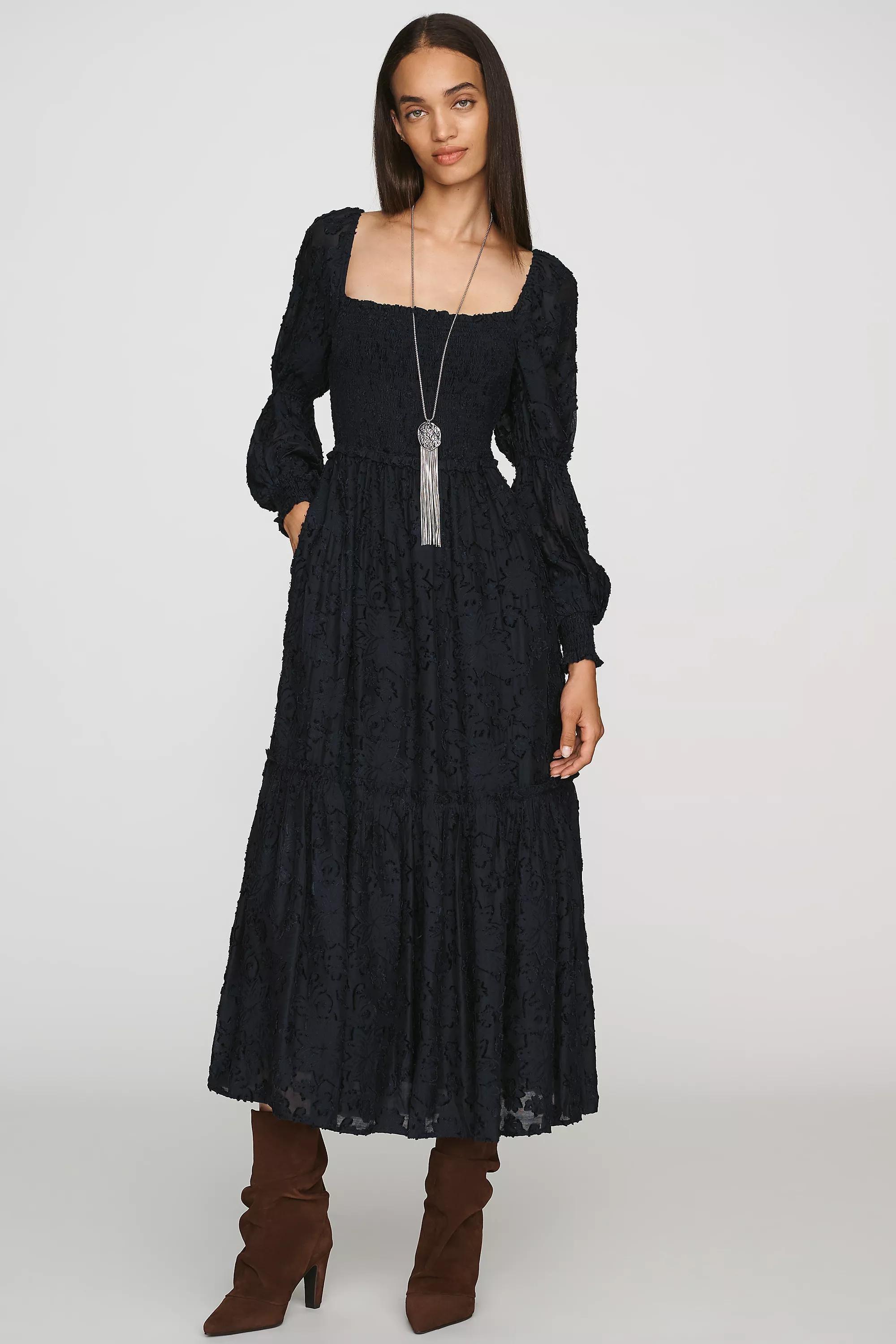 Black By Anthropologie Tiered Puff-Sleeve Midi Dress, Black, large image number 0