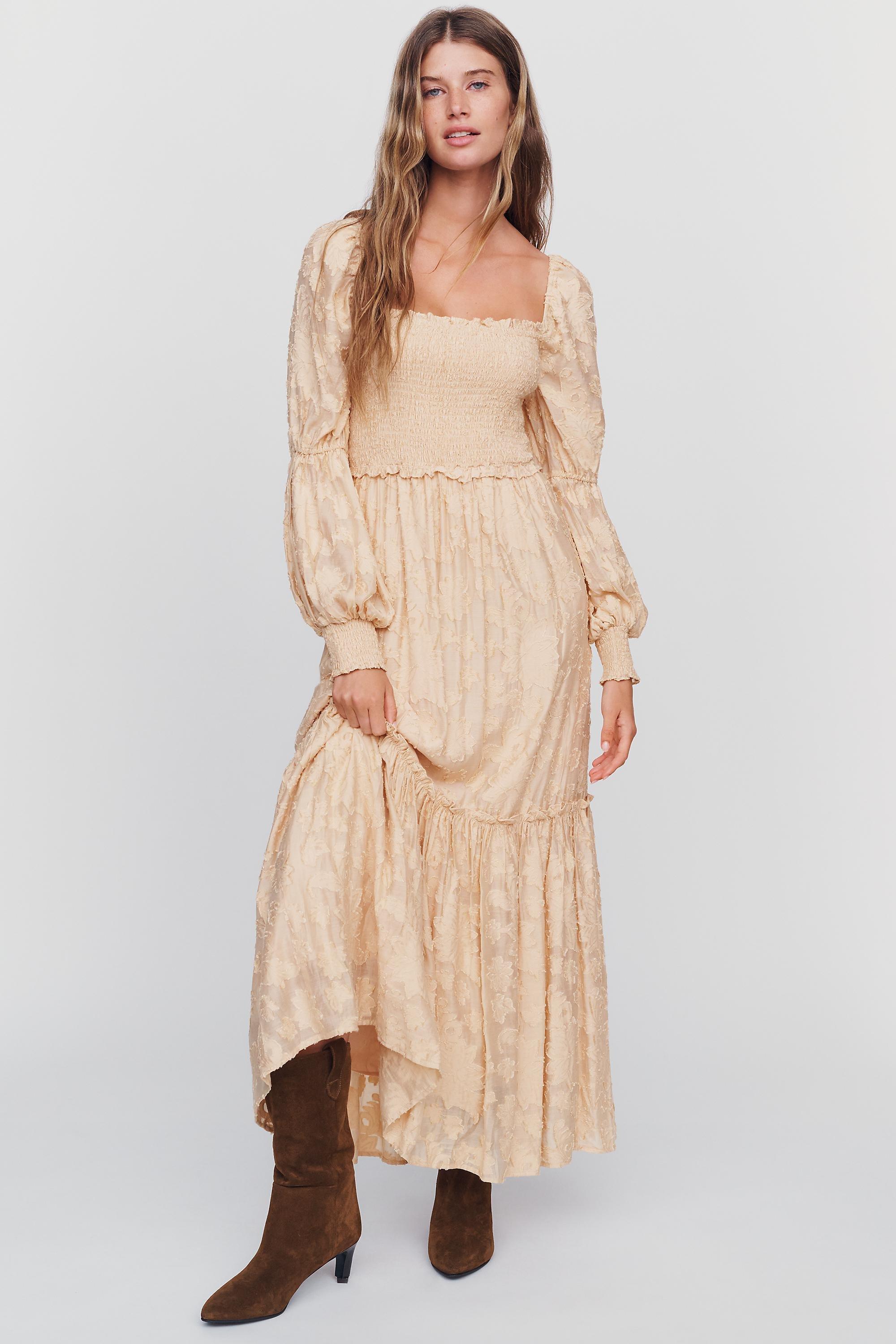 By Anthropologie Tiered Puff-Sleeve Midi Dress, Beige, Beige, medium