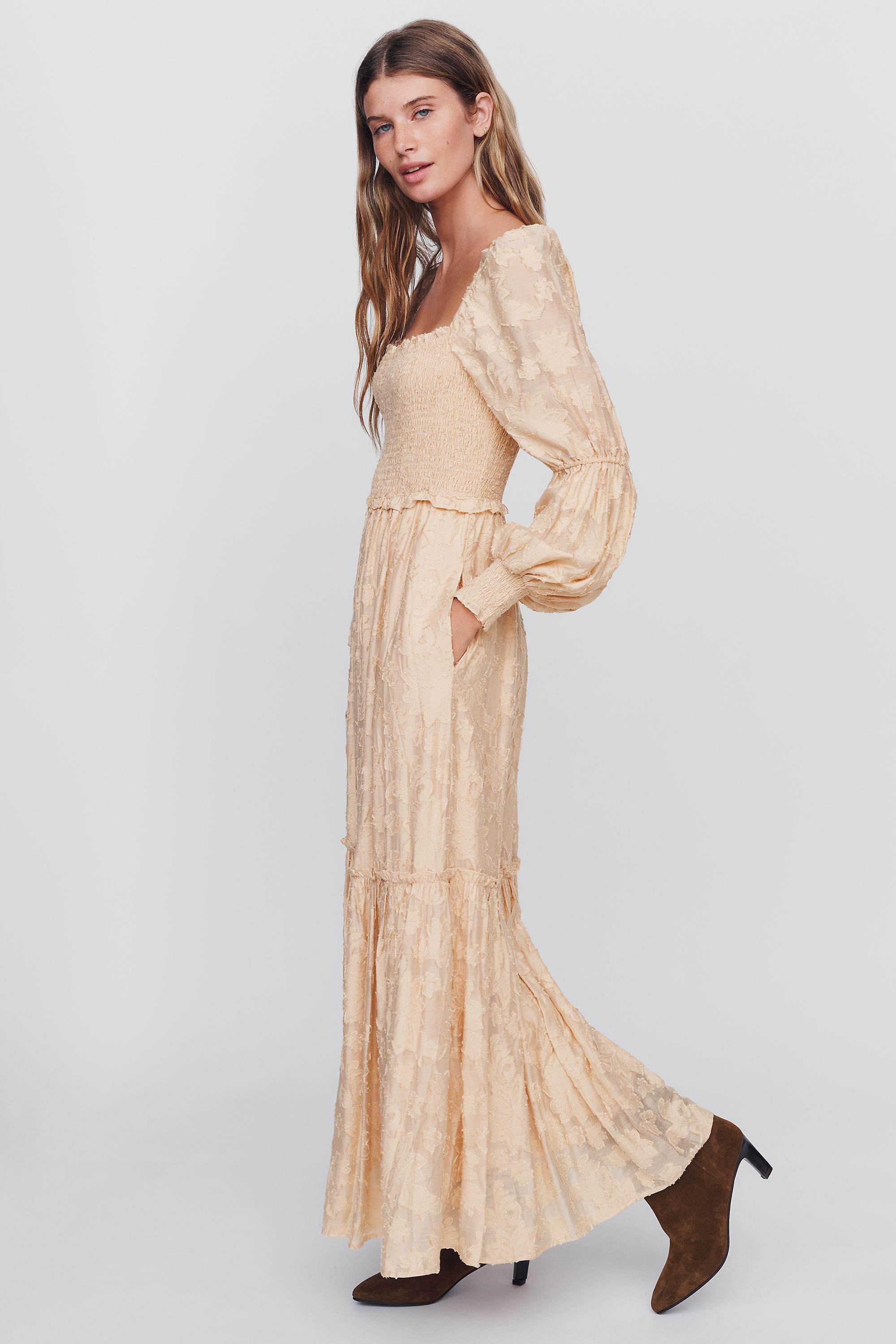 By Anthropologie Tiered Puff-Sleeve Midi Dress, Beige, Beige, large image number 2