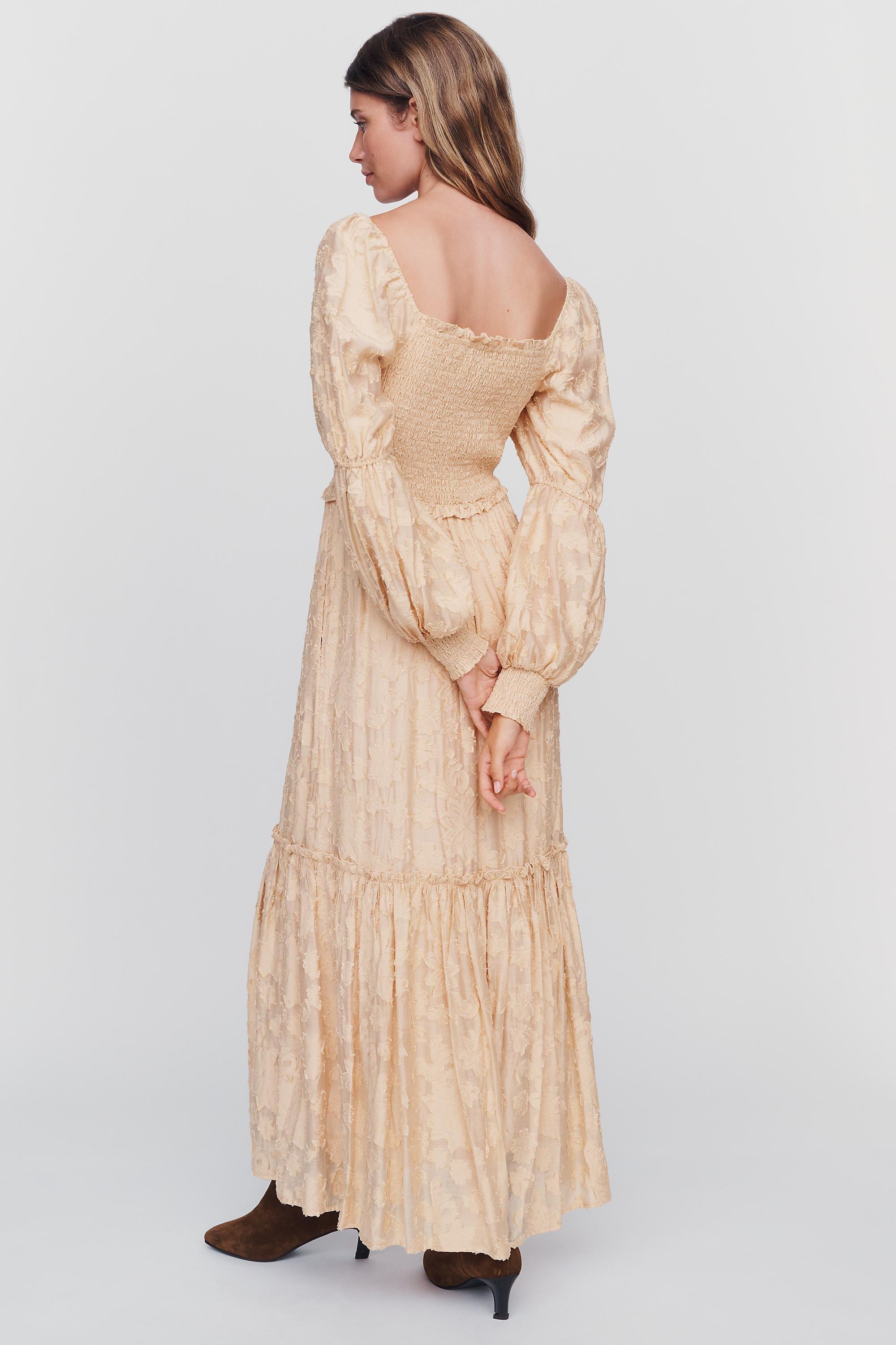 By Anthropologie Tiered Puff-Sleeve Midi Dress, Beige, Beige, large image number 3