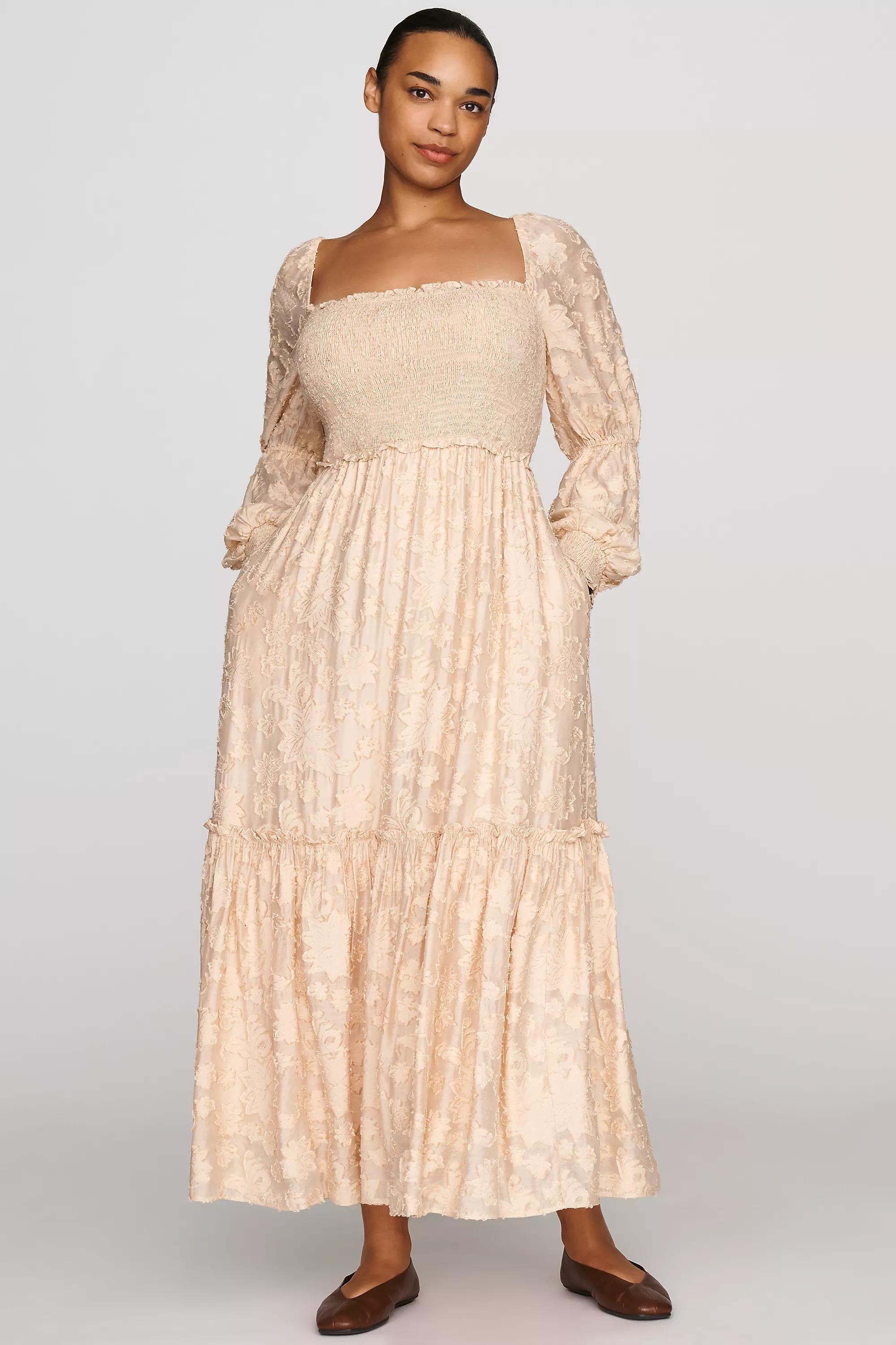 By Anthropologie Tiered Puff-Sleeve Midi Dress, Beige, Beige, large image number 4