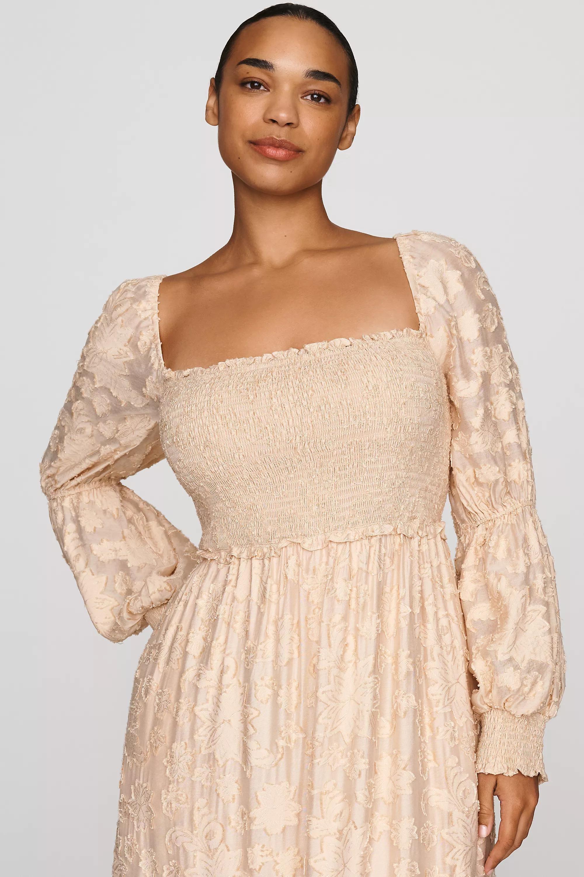 By Anthropologie Tiered Puff-Sleeve Midi Dress, Beige, Beige, large image number 5