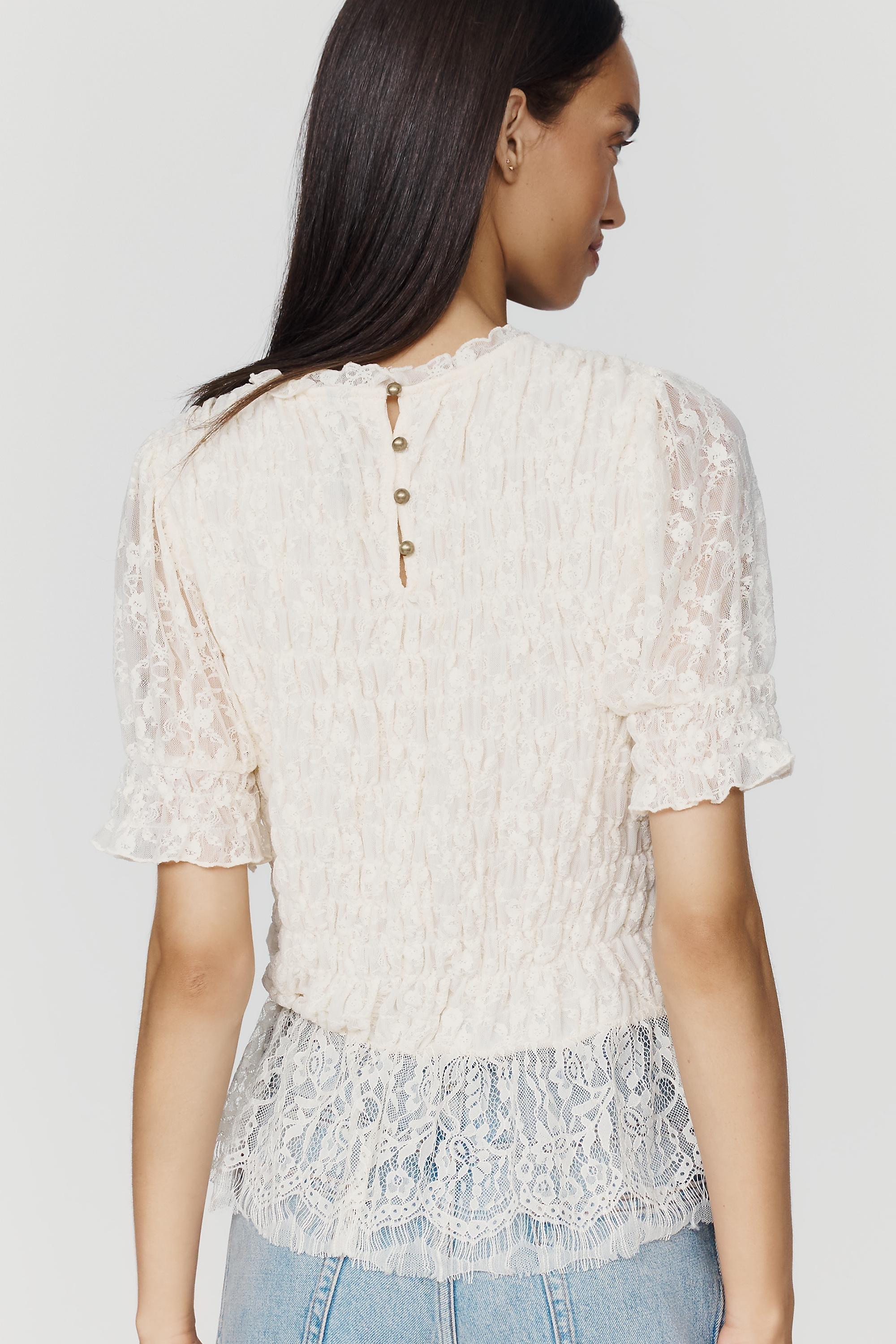By Anthropologie Lace Peplum Top, Cream, Cream, medium
