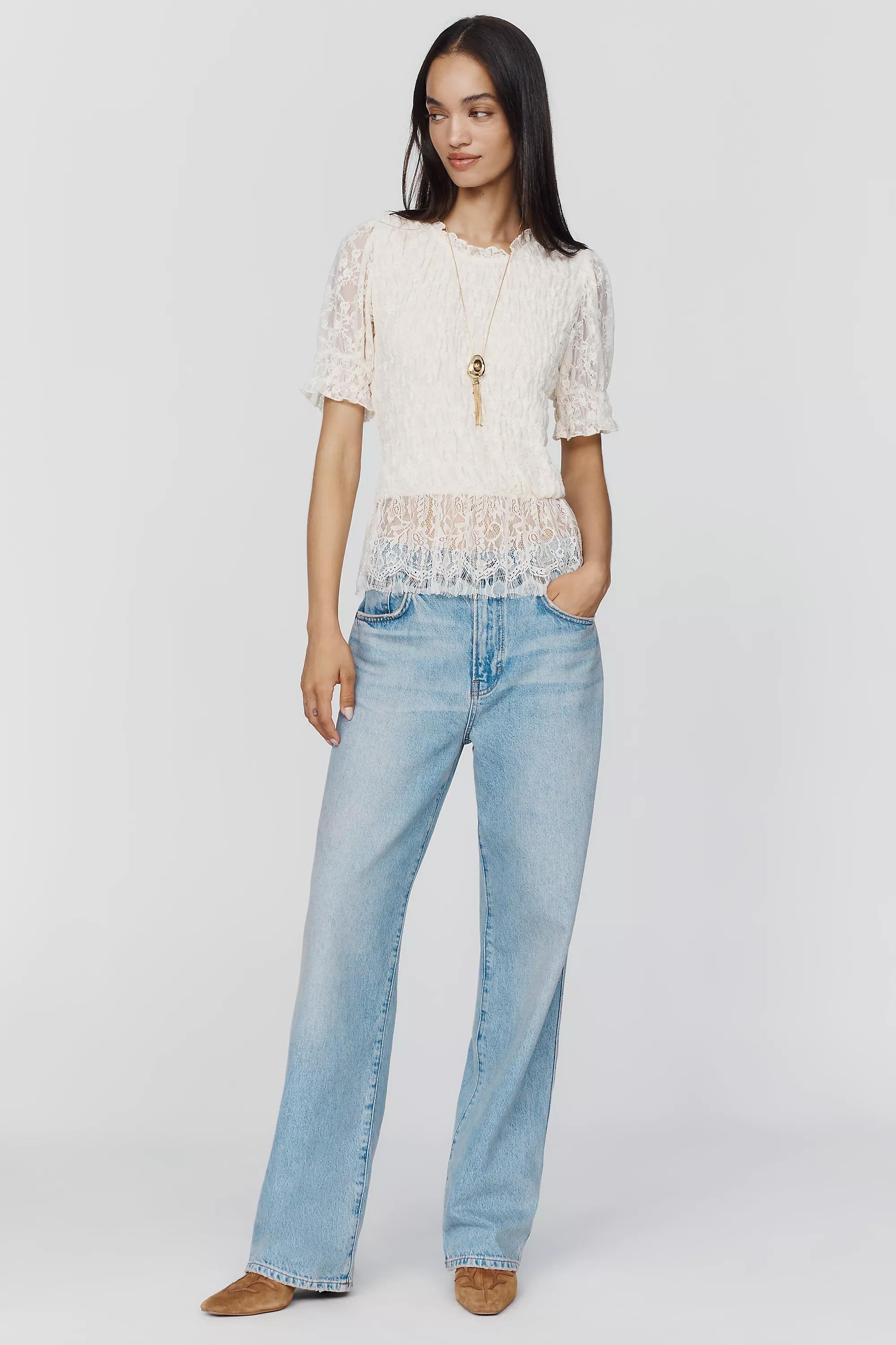 By Anthropologie Lace Peplum Top, Cream, Cream, medium