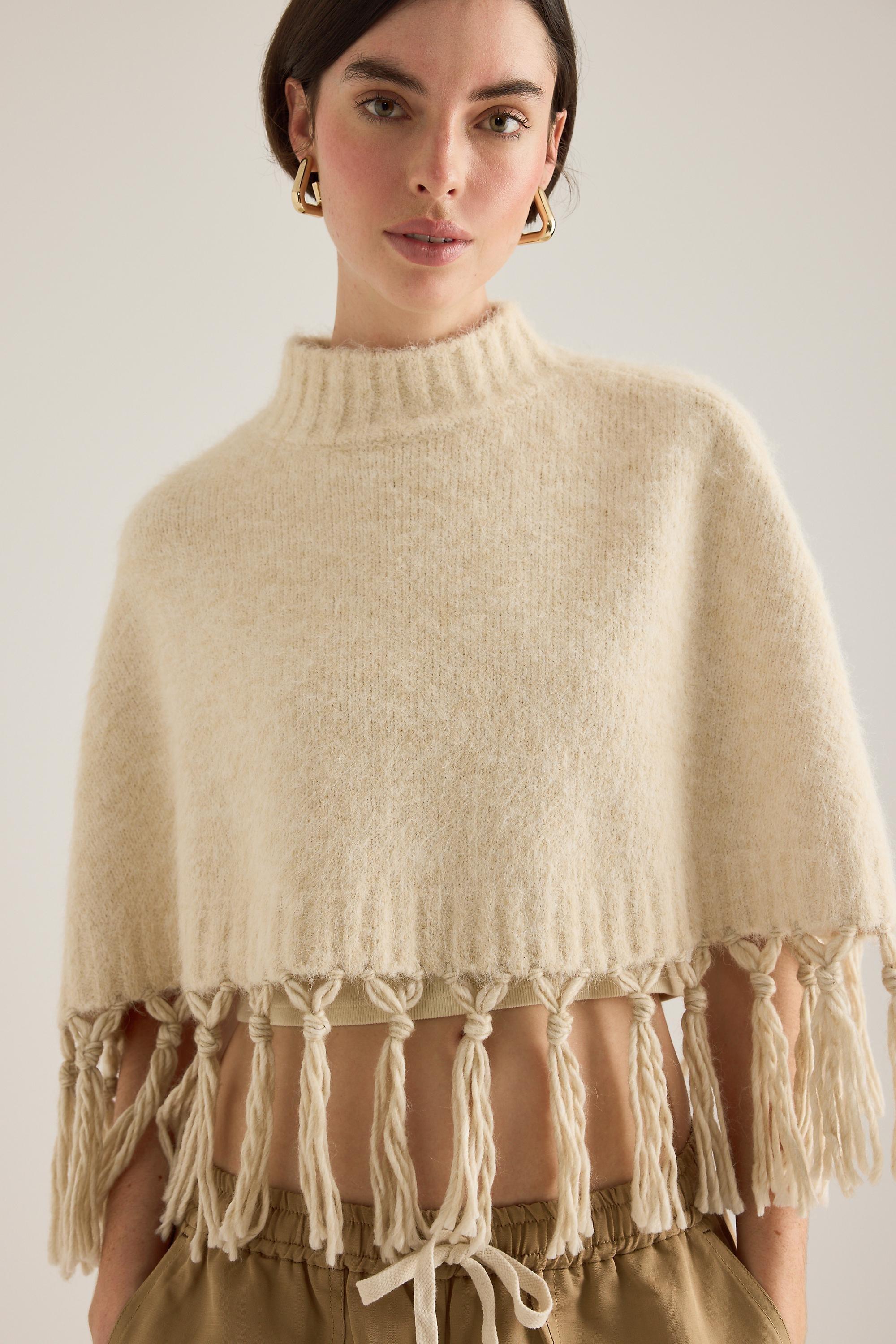 Mare Fringed Poncho, Beige, Cream, medium