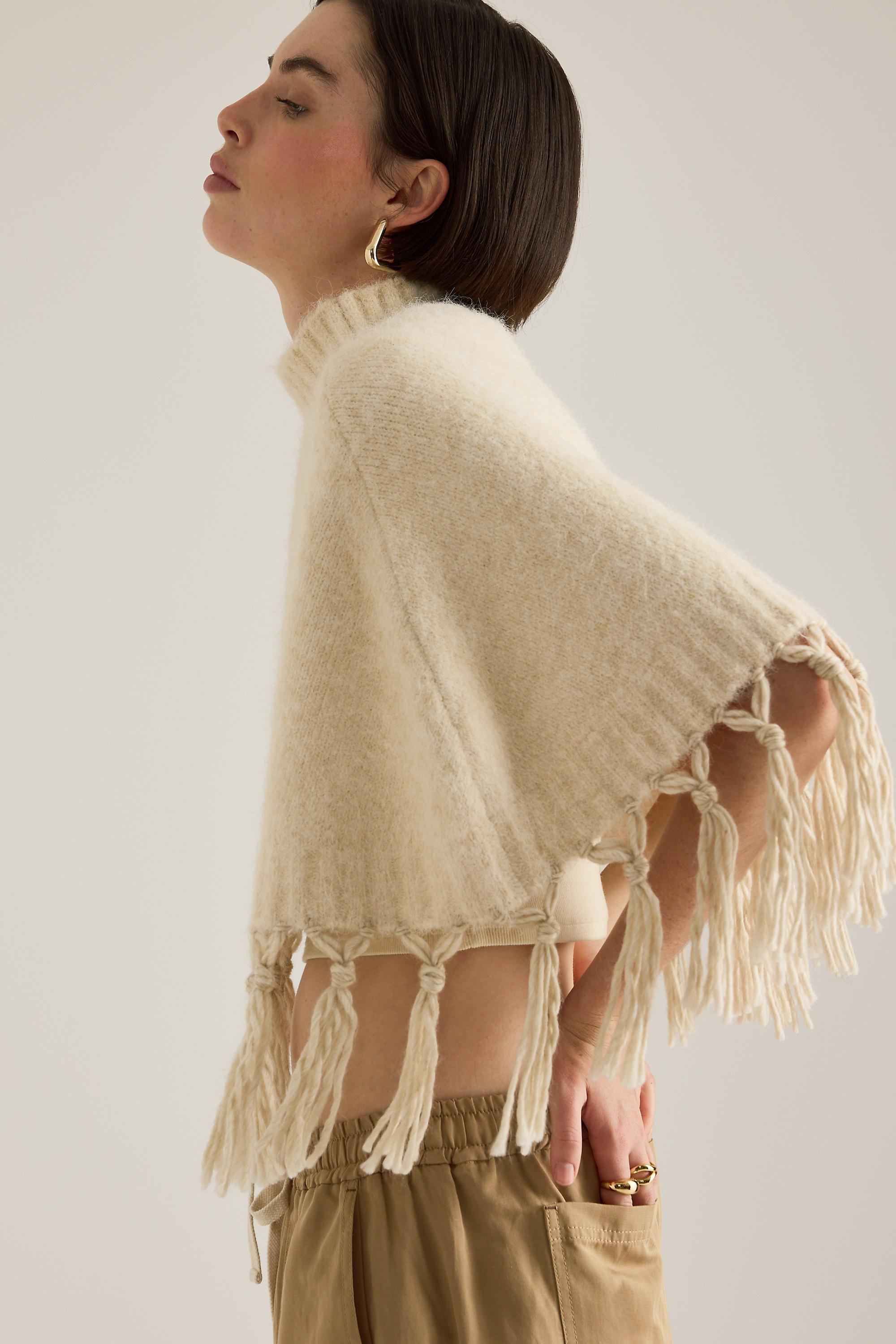 Mare Fringed Poncho, Beige, Cream, medium