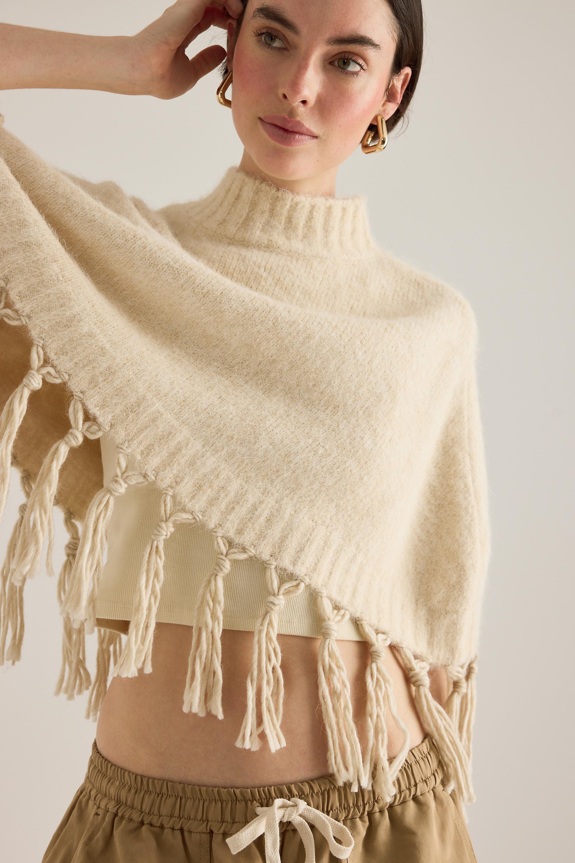 Mare Fringed Poncho, Beige, Cream, medium