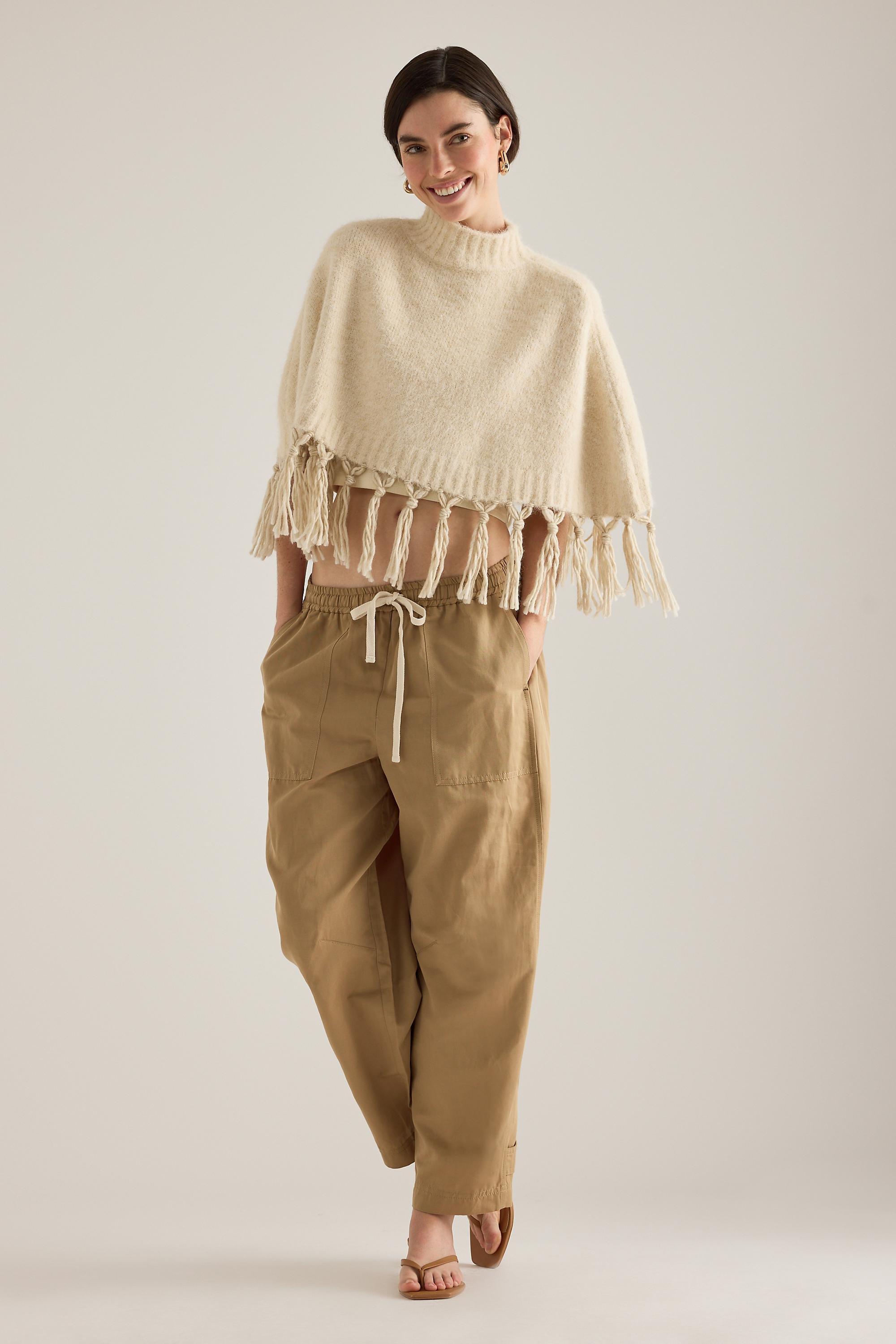 Mare Fringed Poncho, Beige, Cream, large image number 3