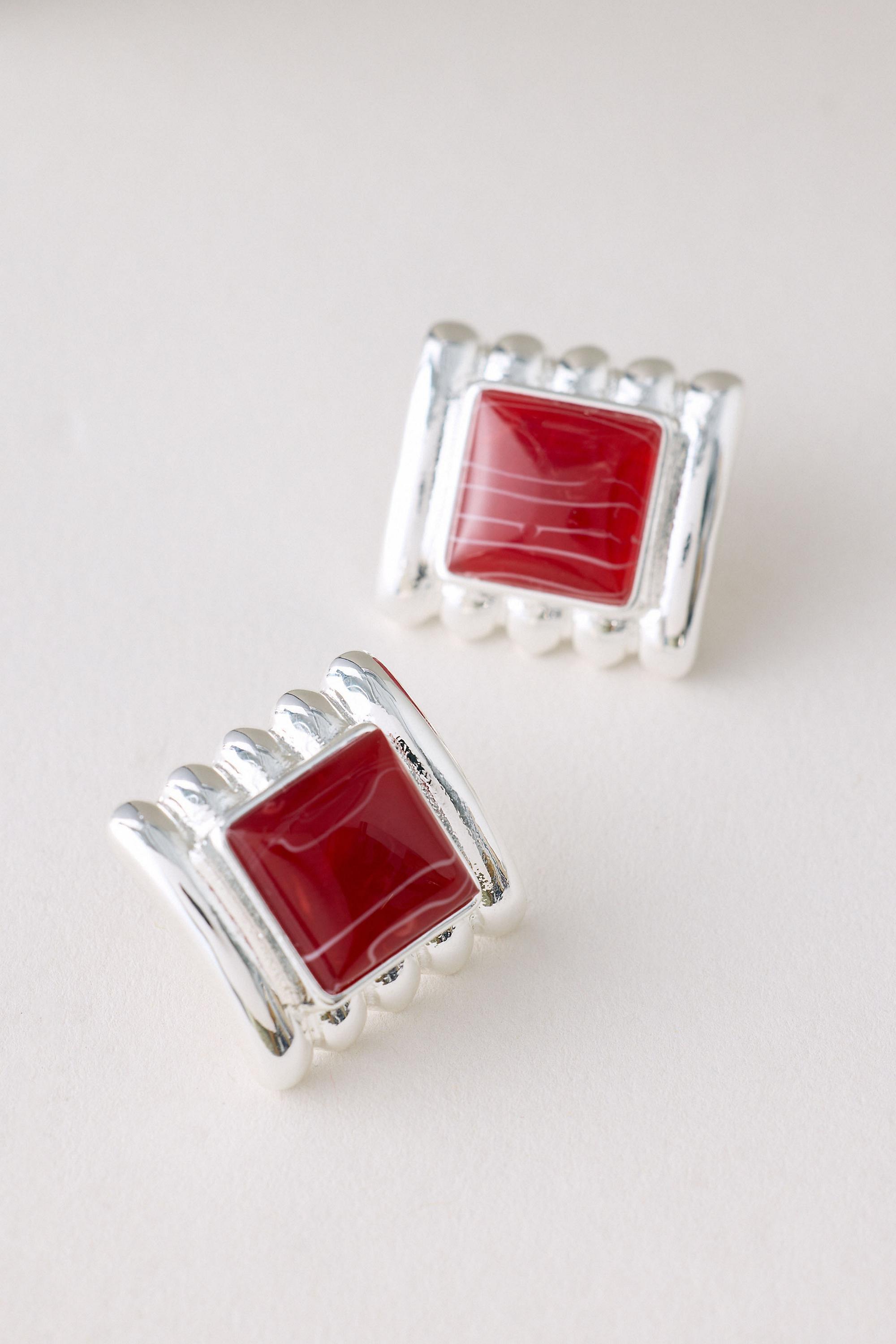 Ribbed Stone Stud Earrings, Silver, Silver, large image number 1
