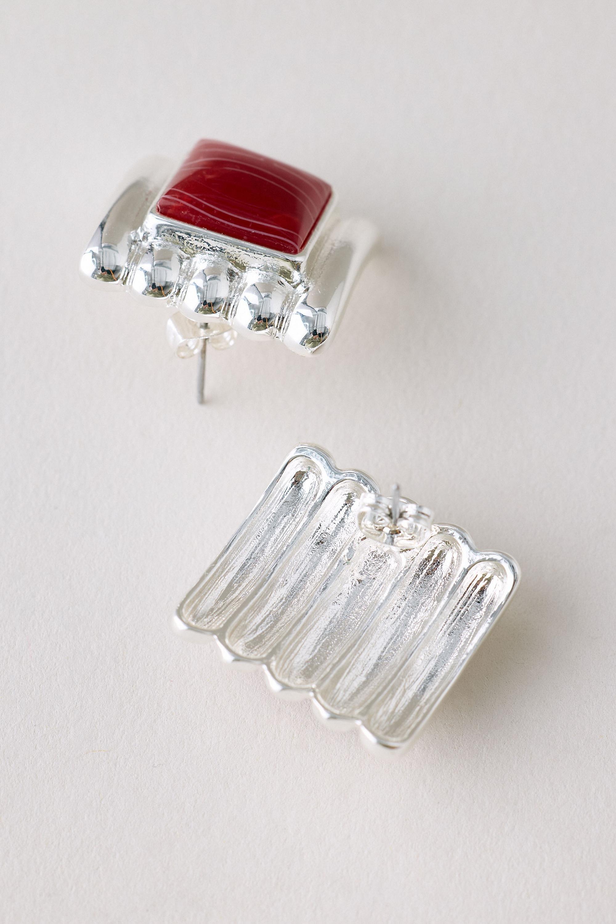 Ribbed Stone Stud Earrings, Silver, Silver, large image number 2