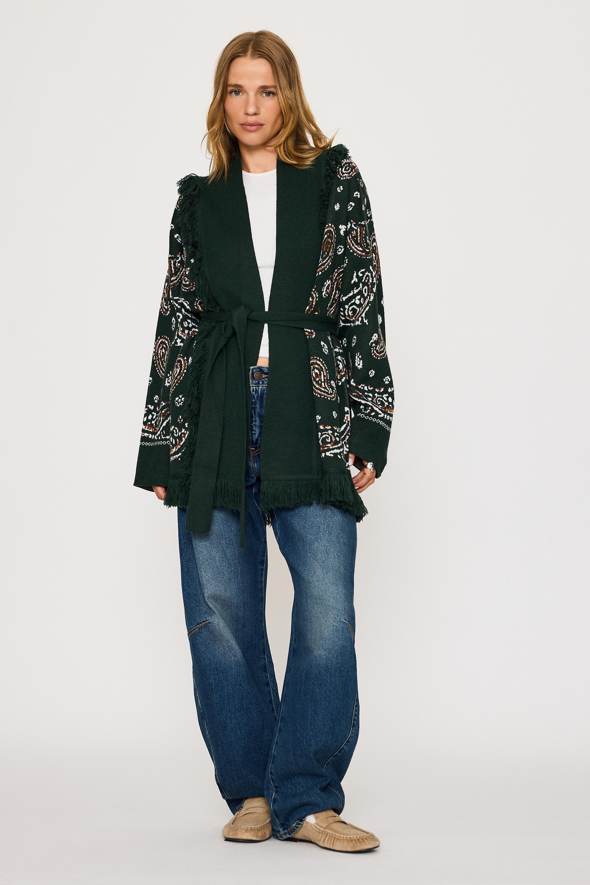 Flat White Fringe Wrap Cardigan, Green, medium