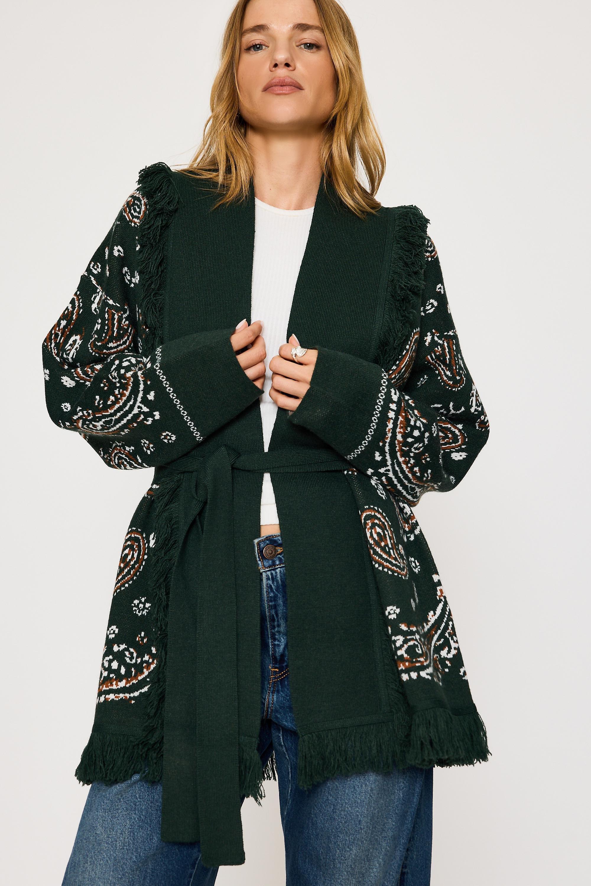 Flat White Fringe Wrap Cardigan, Green, medium