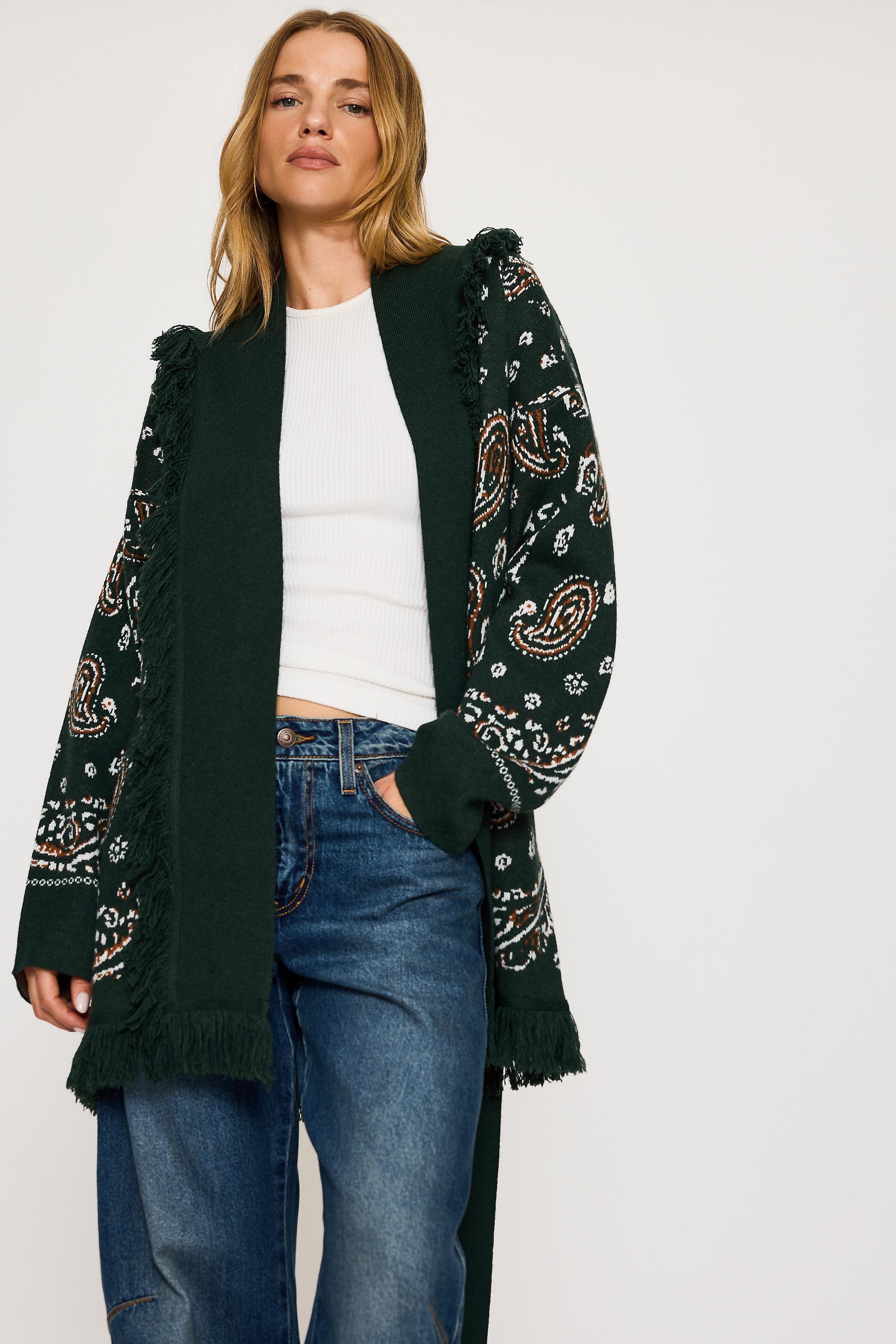Flat White Fringe Wrap Cardigan, Green, medium