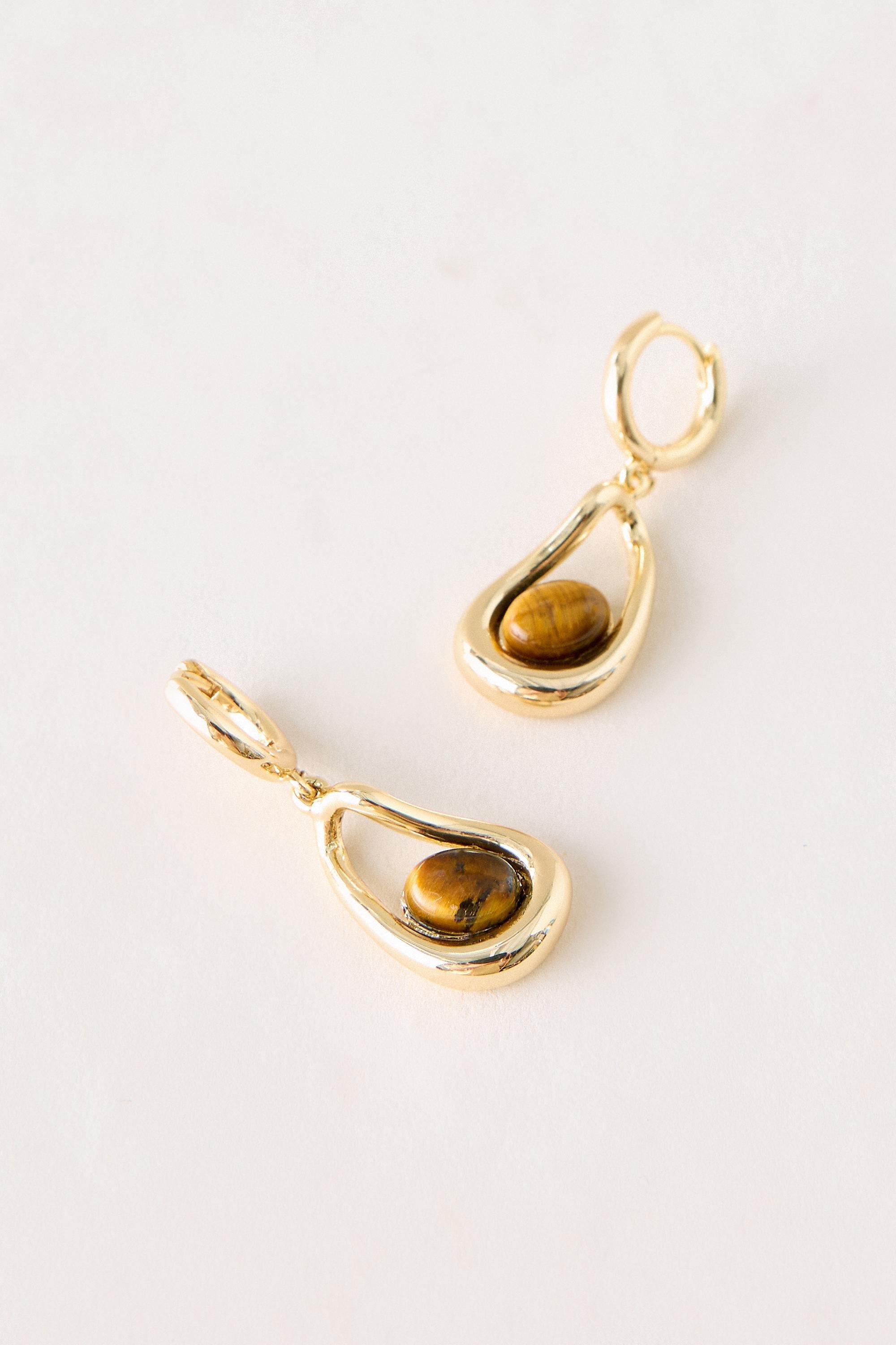 BROWN Stone Teardrop Earrings, Brown, large image number 0
