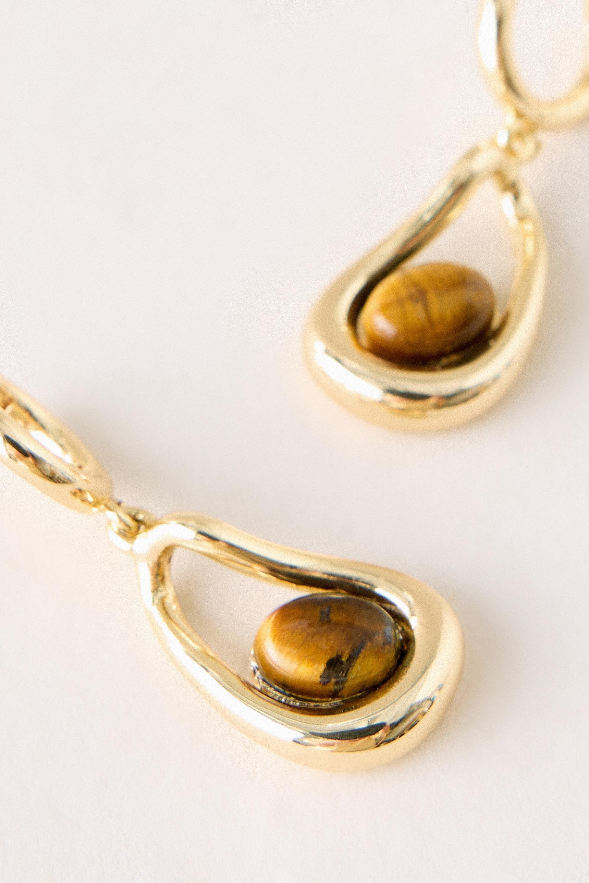 BROWN Stone Teardrop Earrings, Brown, large image number 1