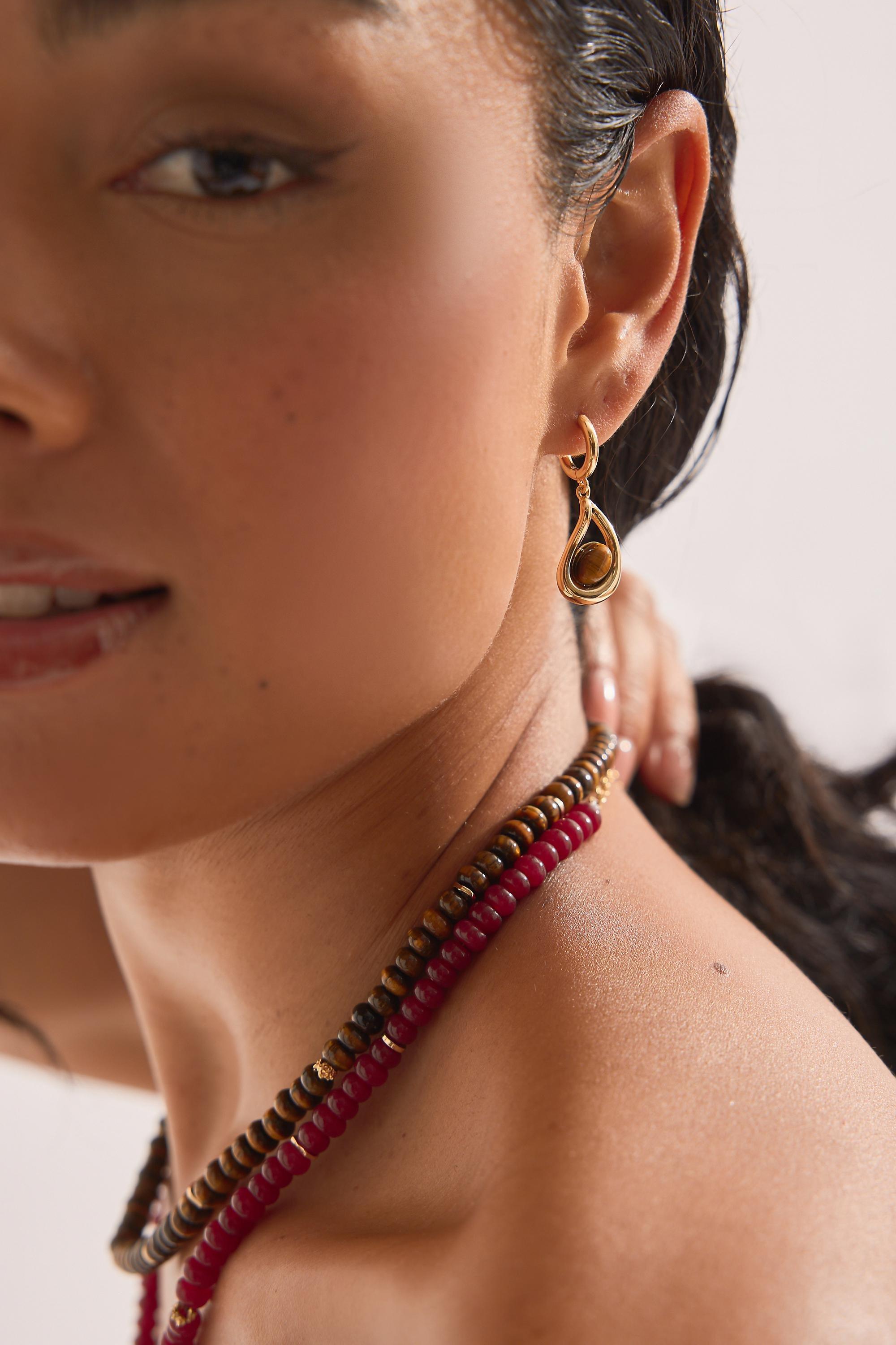 BROWN Stone Teardrop Earrings, Brown, large image number 3