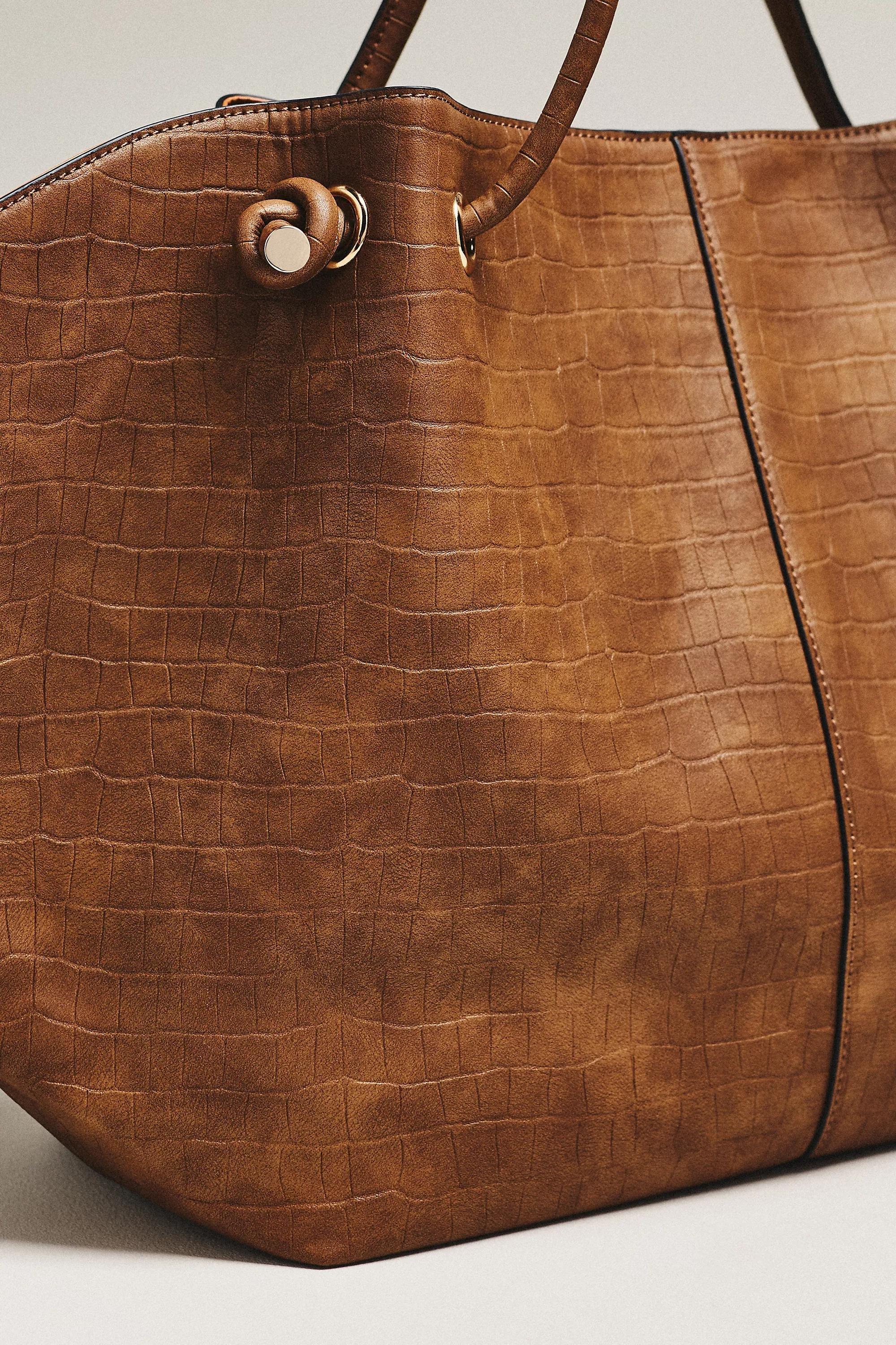 Maeve Embossed Croc Tote Bag, Brown, Brown, large image number 4